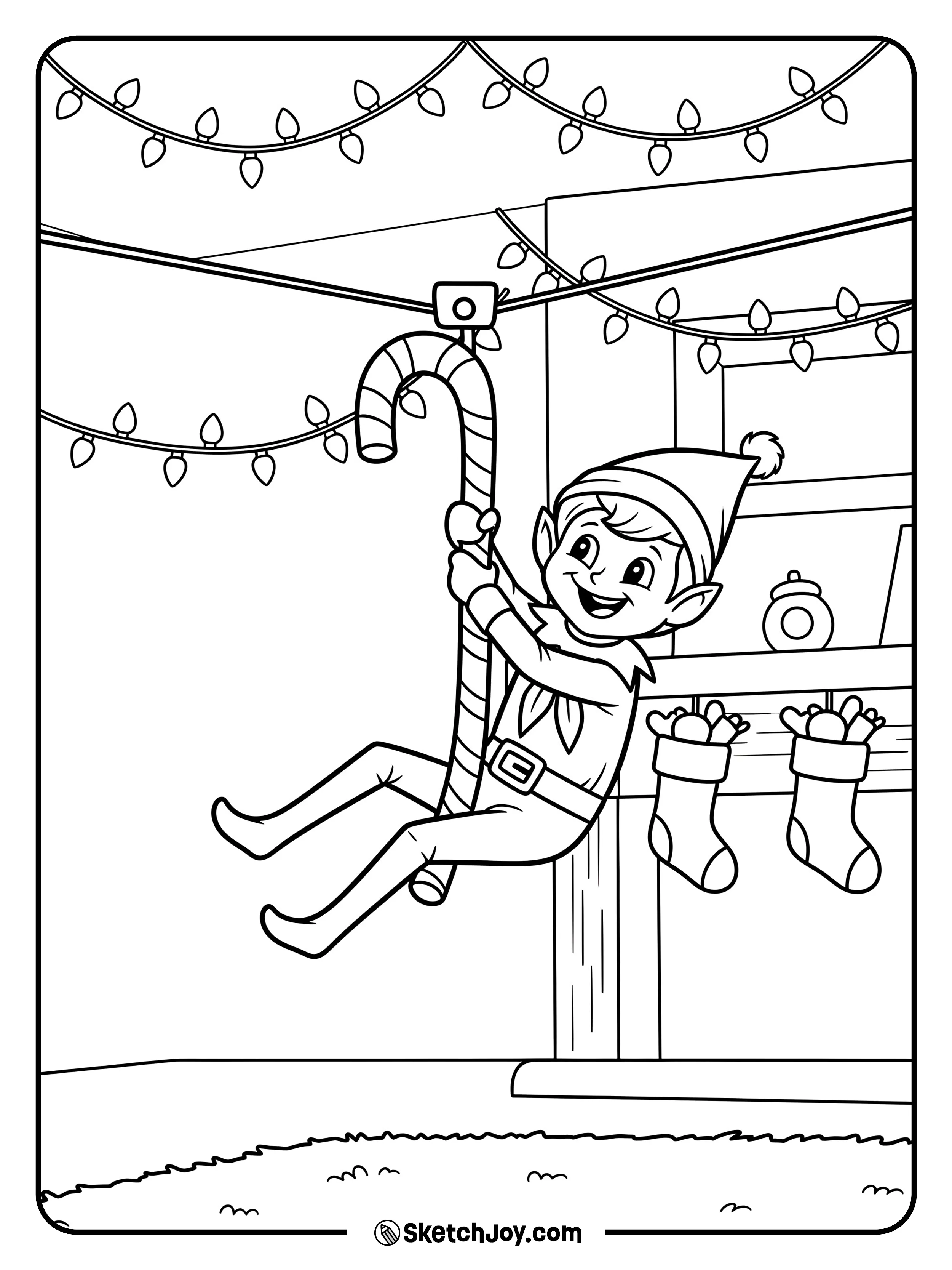The elf rides a candy cane through a cozy living room with lights.