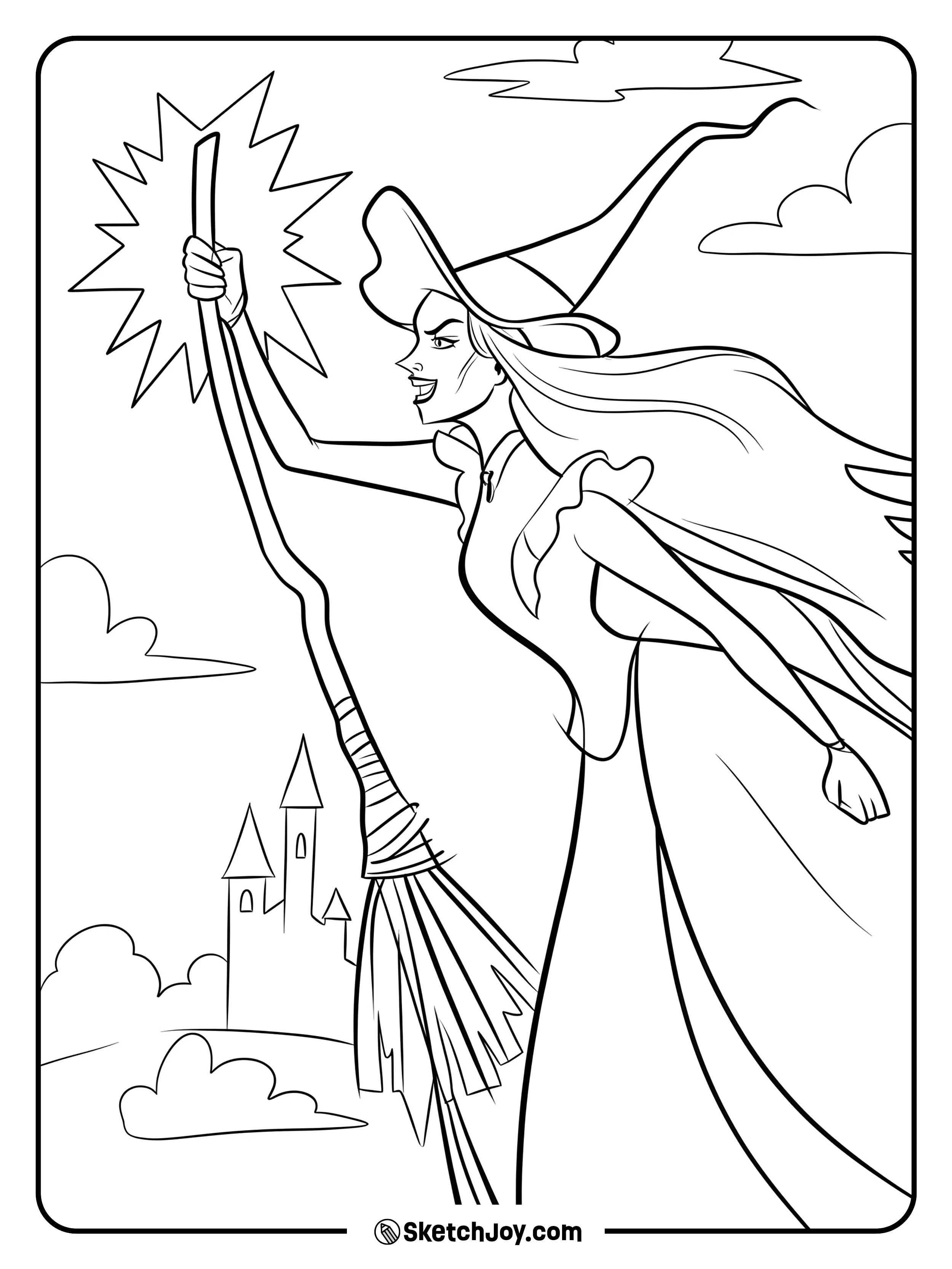 Elphaba speeds through the sky on her broom with bold focus.