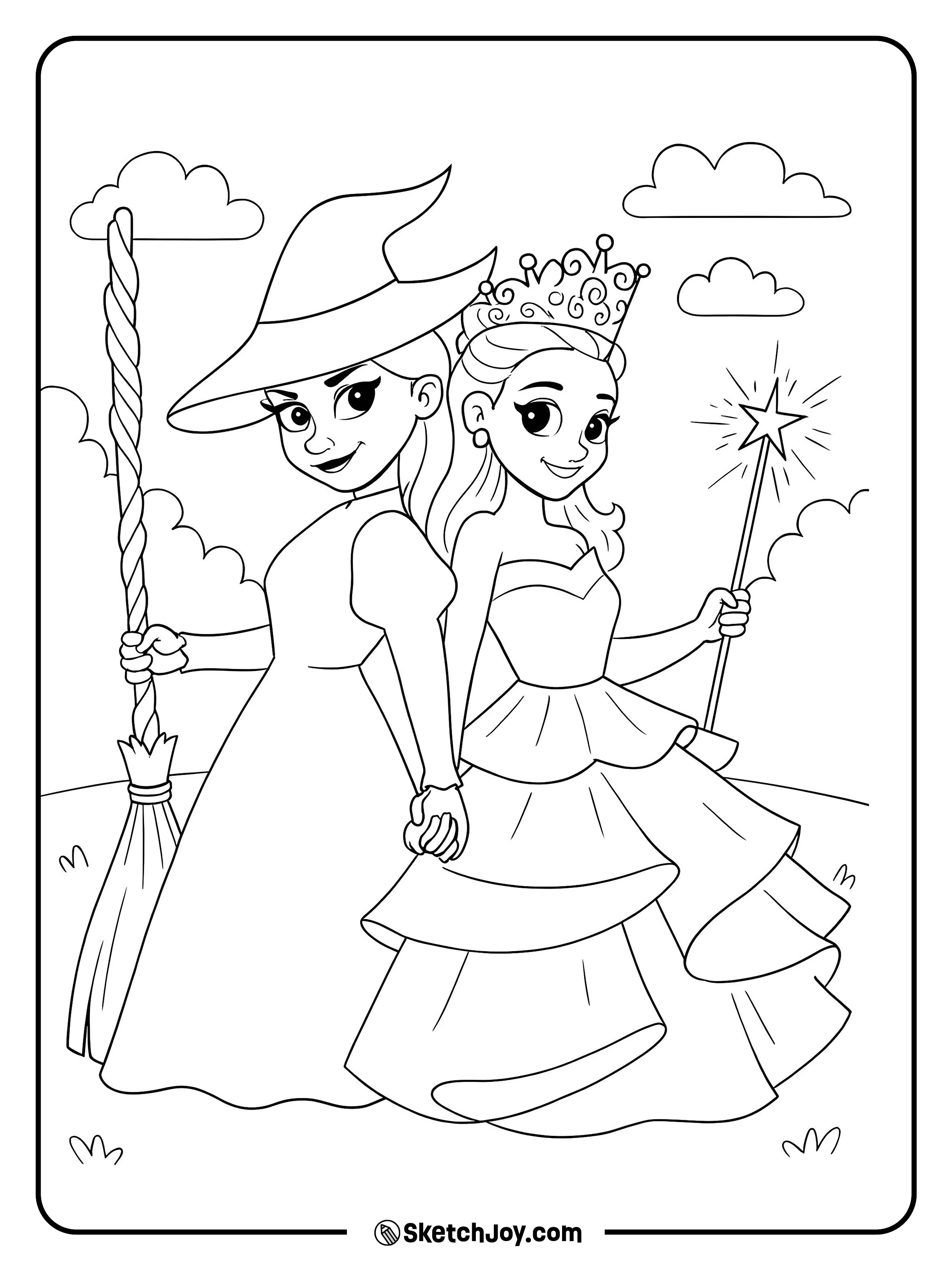 Elphaba and Glinda stand back to back, holding hands with warm smiles.