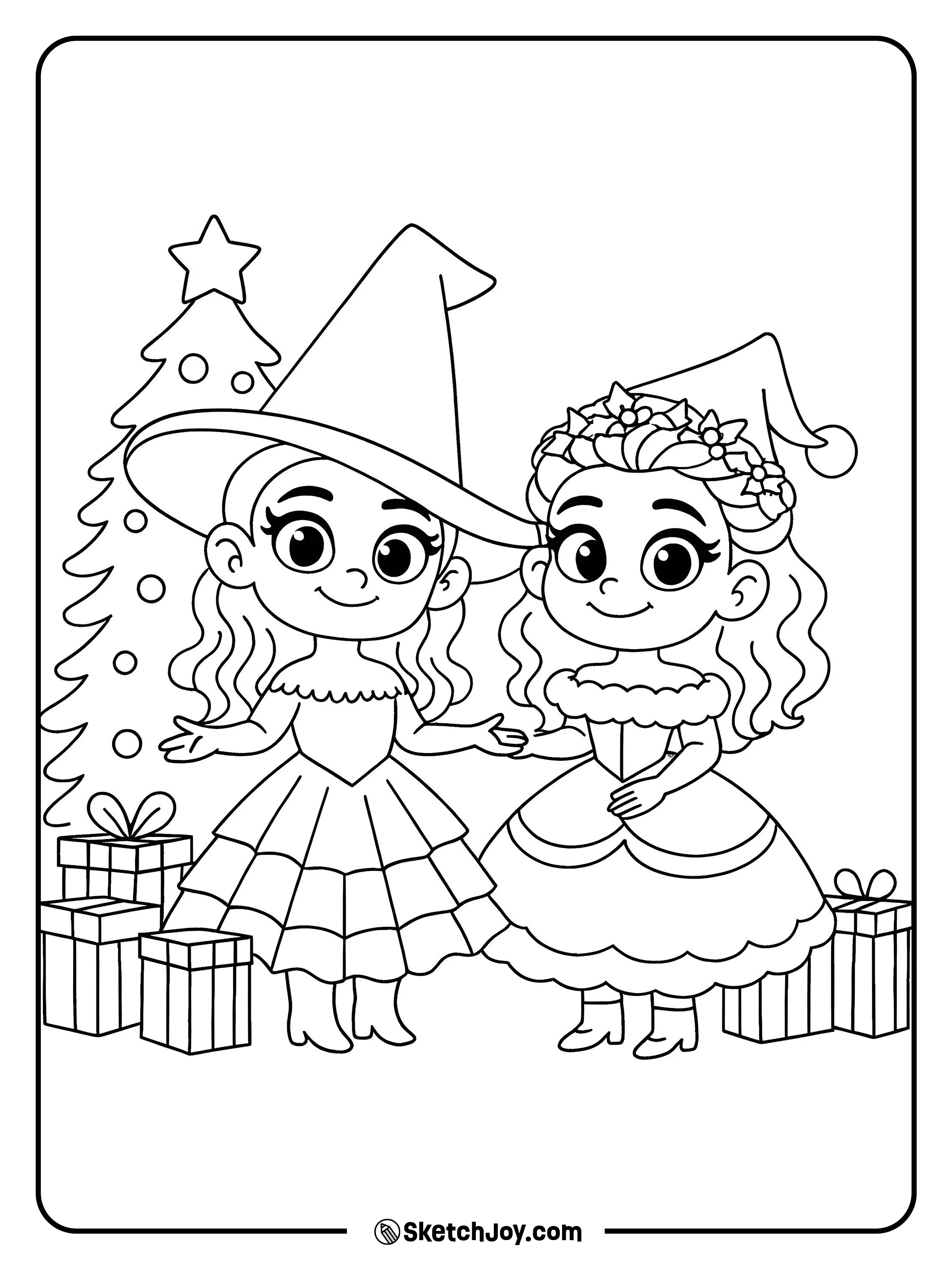 Elphaba and Glinda smile beside a Christmas tree with gifts in a warm holiday scene.