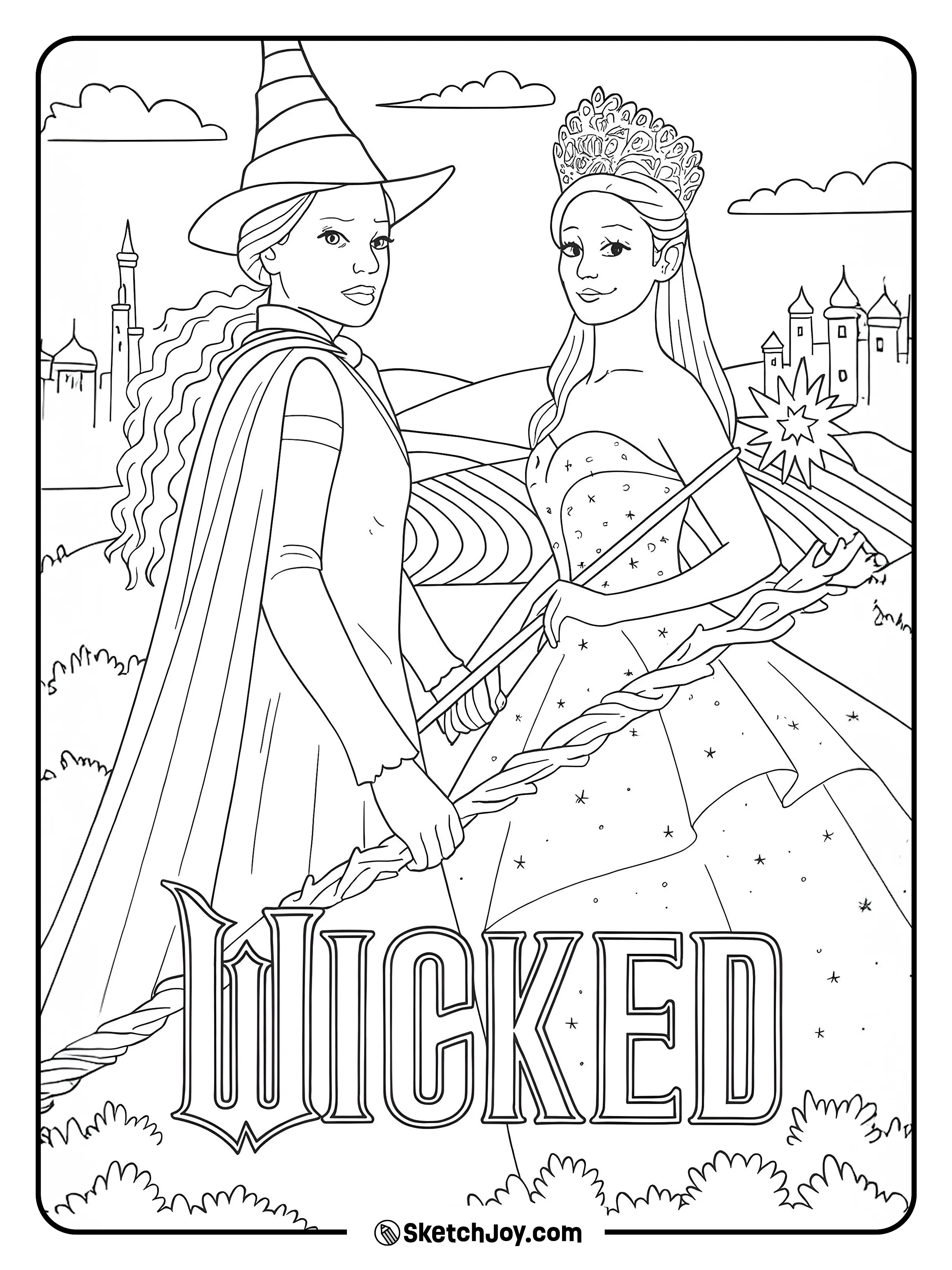 Elphaba faces left and Glinda faces right as the word Wicked sits below.