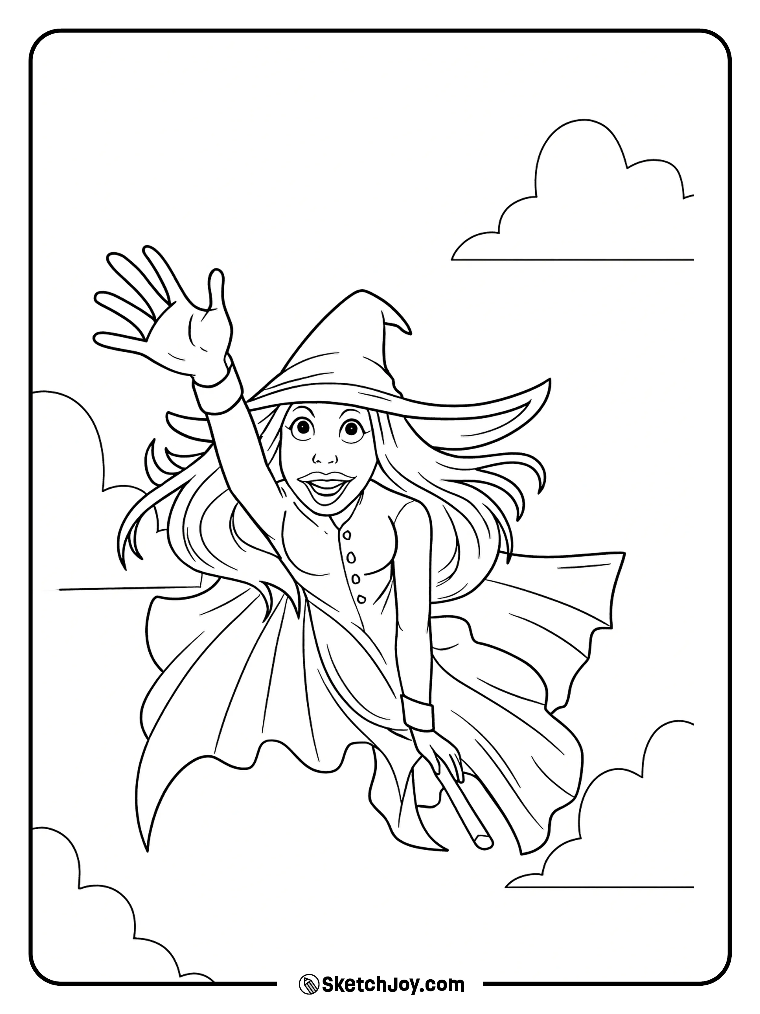 Elphaba flies through the clouds and gives a big wave.