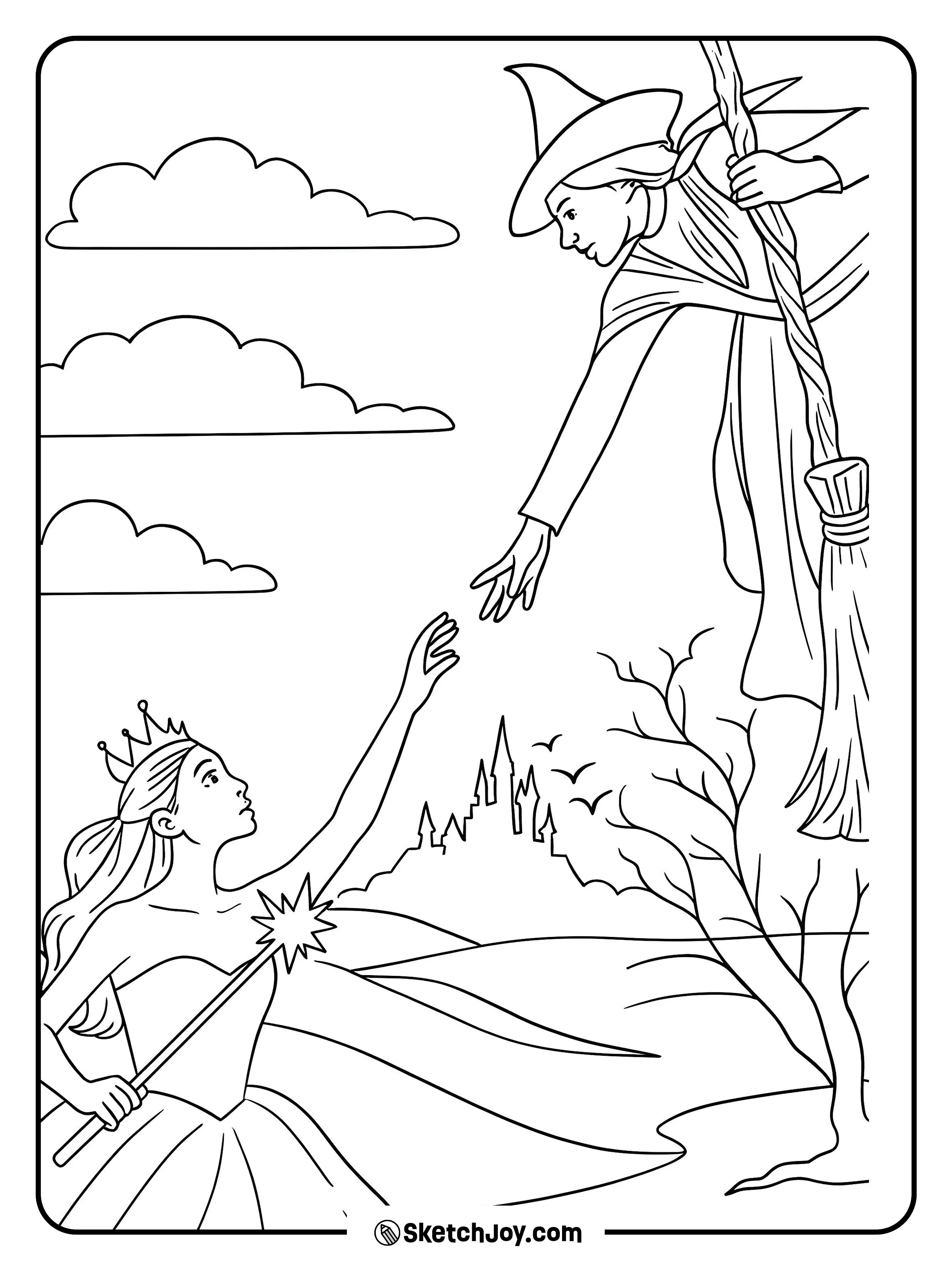 Elphaba leans from her broom to help Glinda below by the distant city.