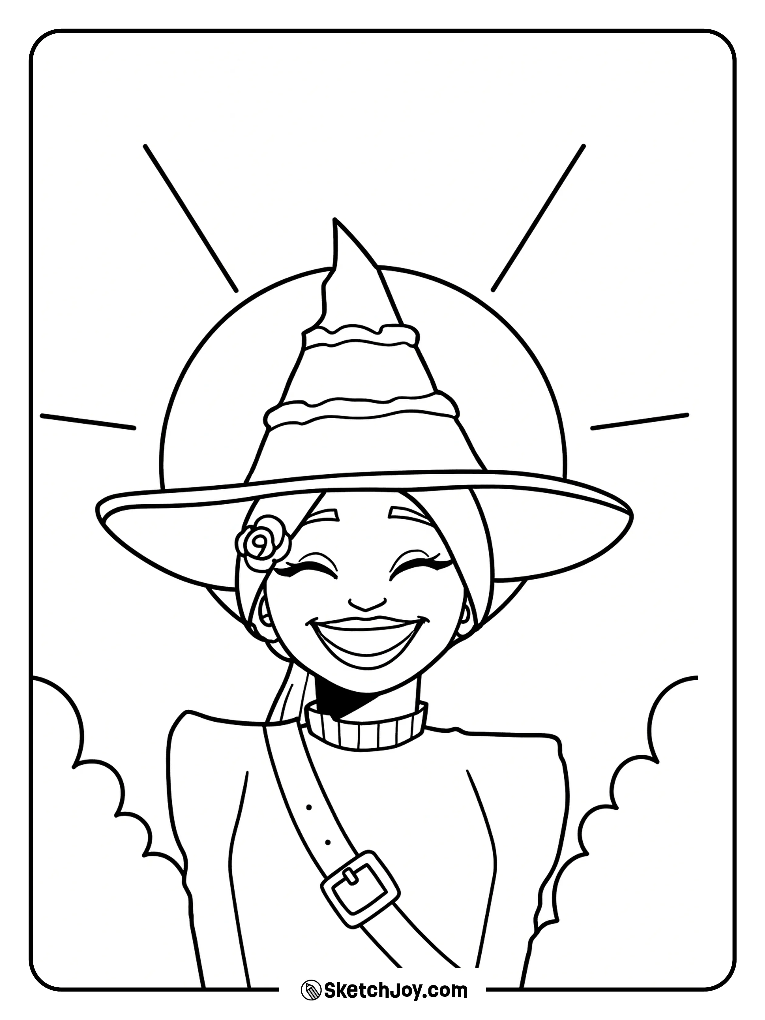 Elphaba smiles under her tall hat with bright rays behind her.