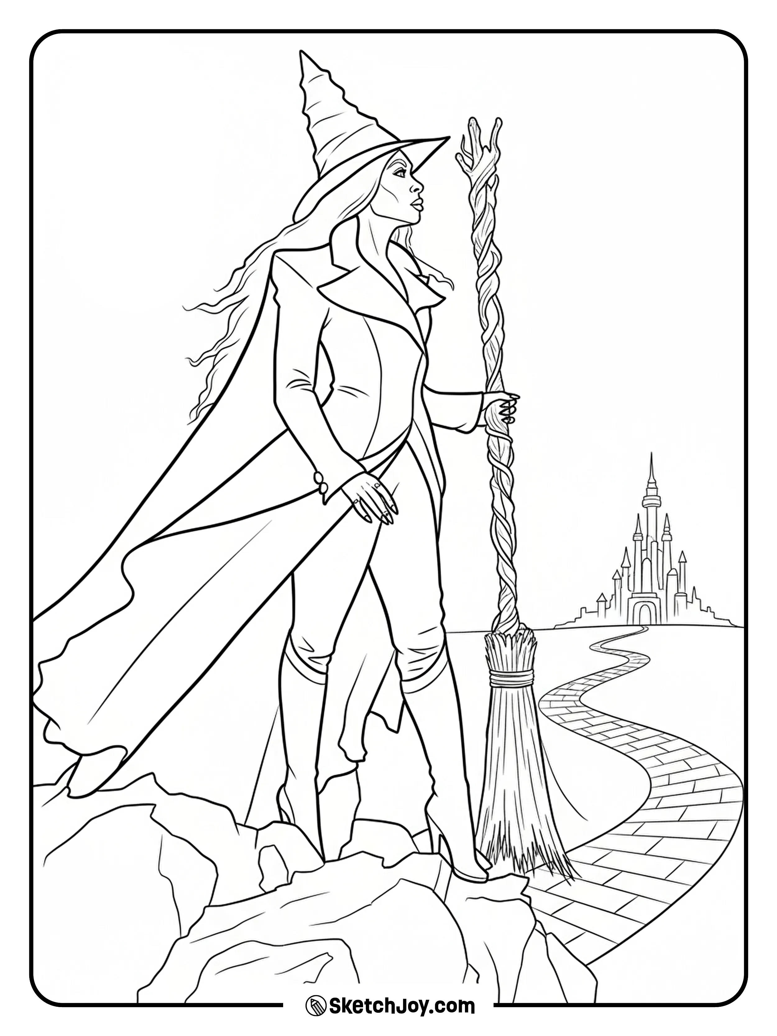 Elphaba stands strong on rocks, gazing toward Emerald City.