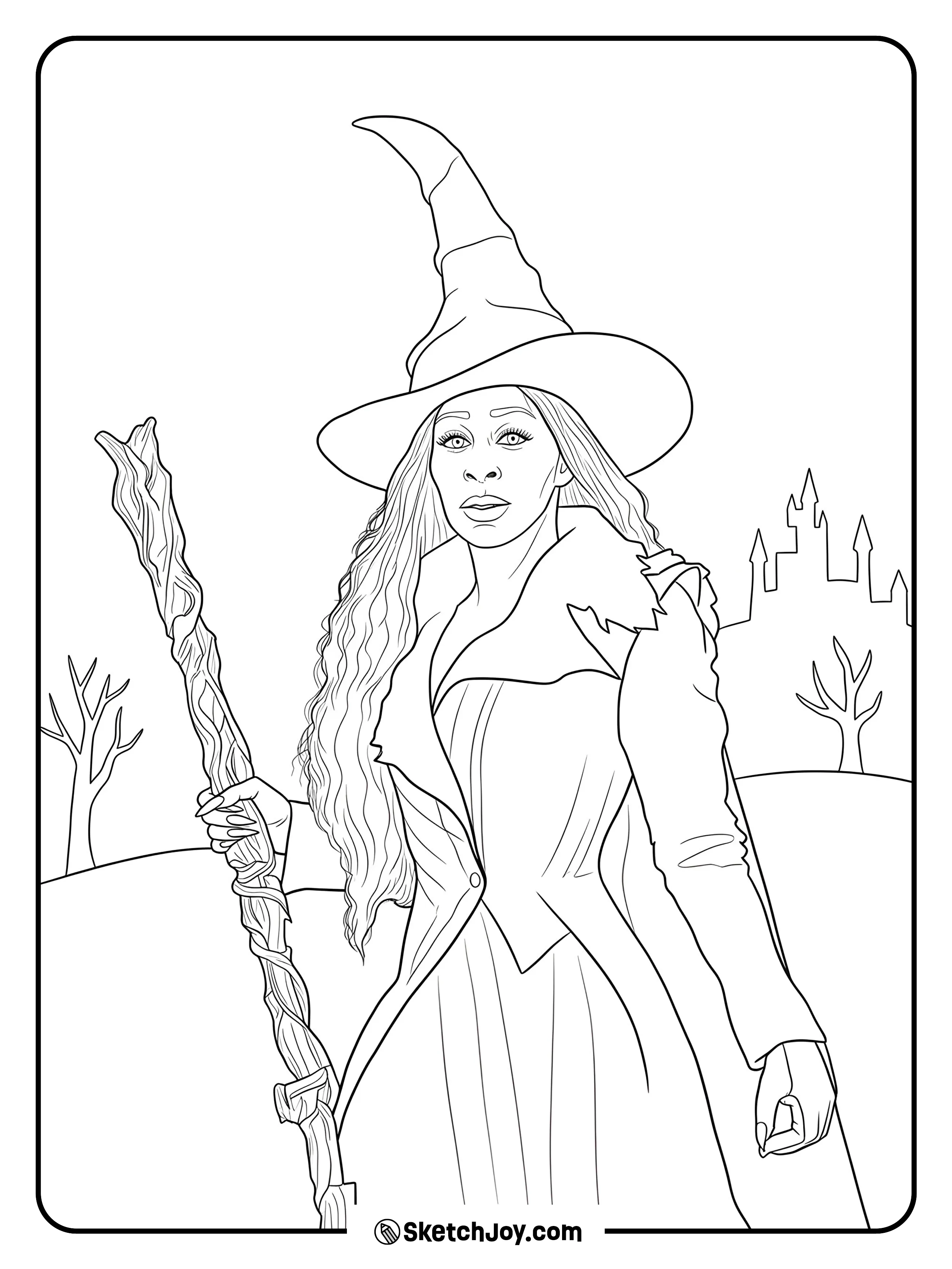 Elphaba stands calm with her staff as the castle sits far away.