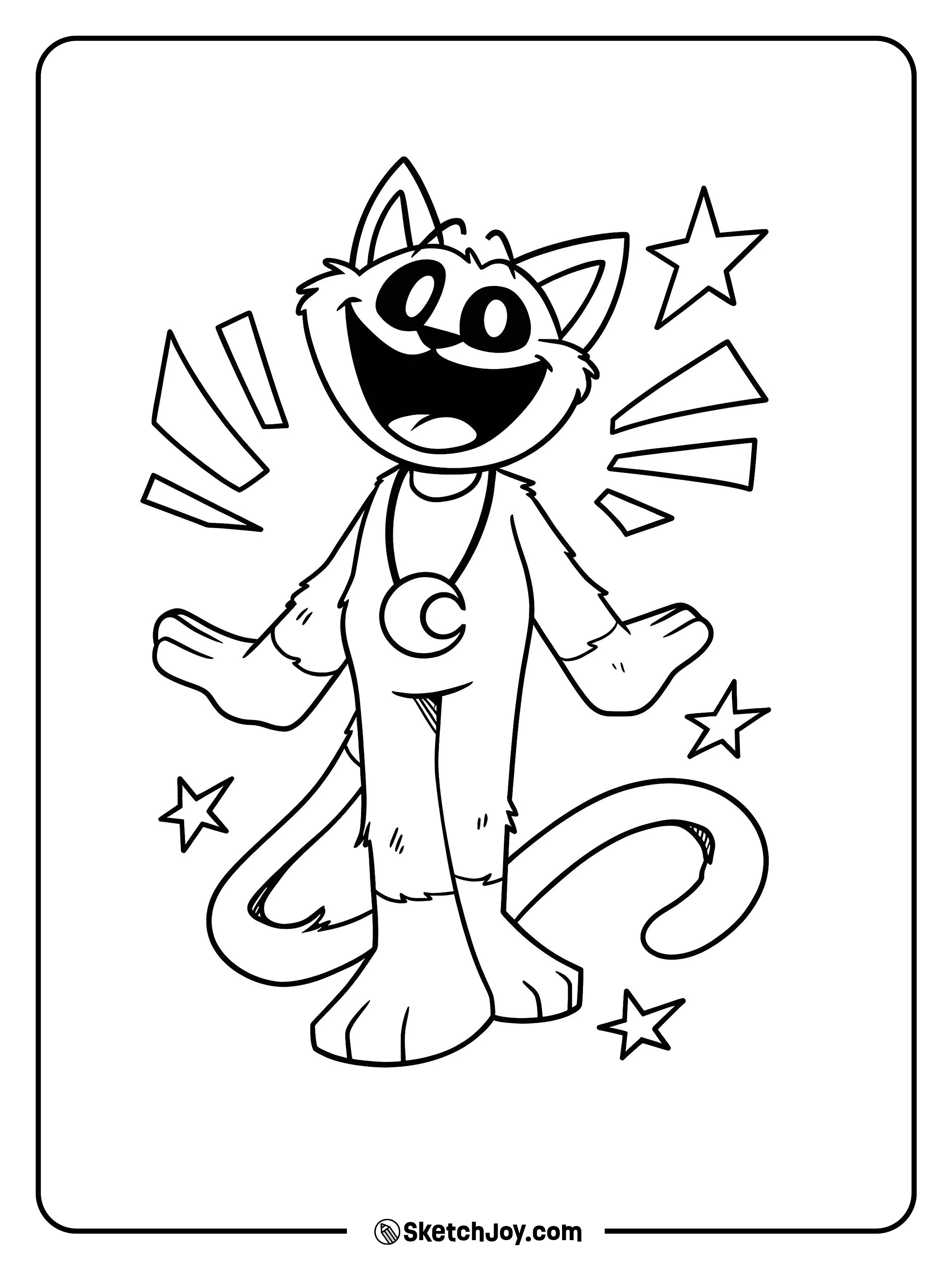 Toy CatNap stands with arms open and a big smile while stars and lines burst around him.