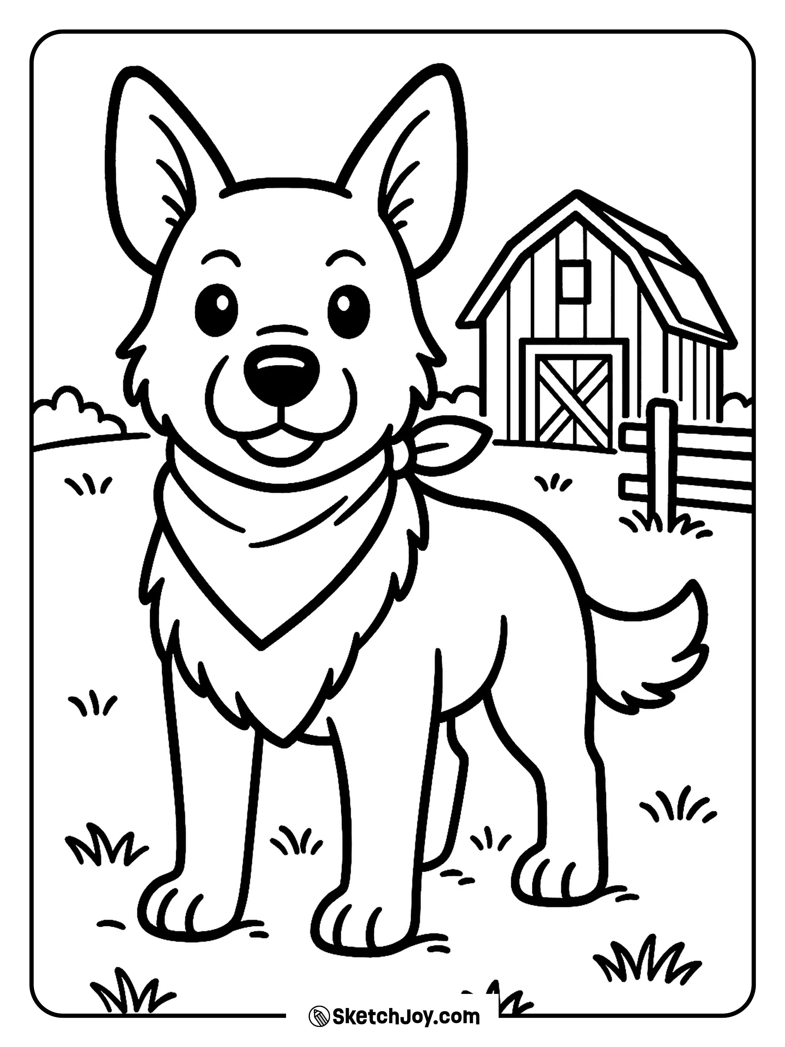 A loyal dog stands in a small farm yard with a barn.