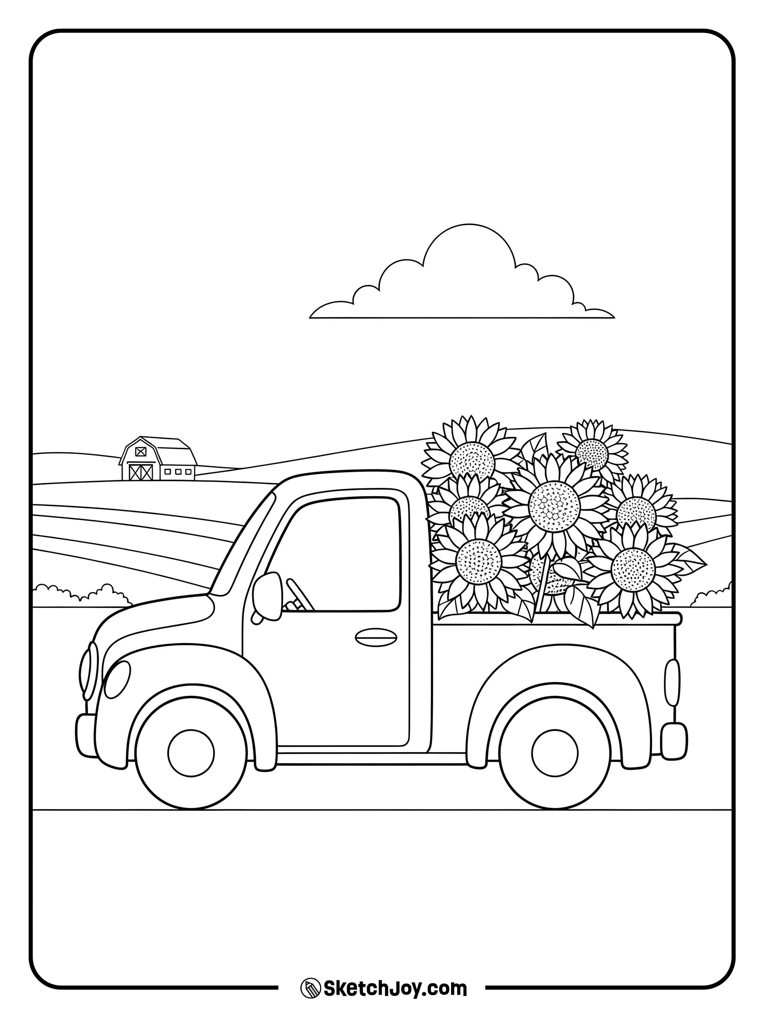 A small pickup carries a pile of sunflowers in back.
