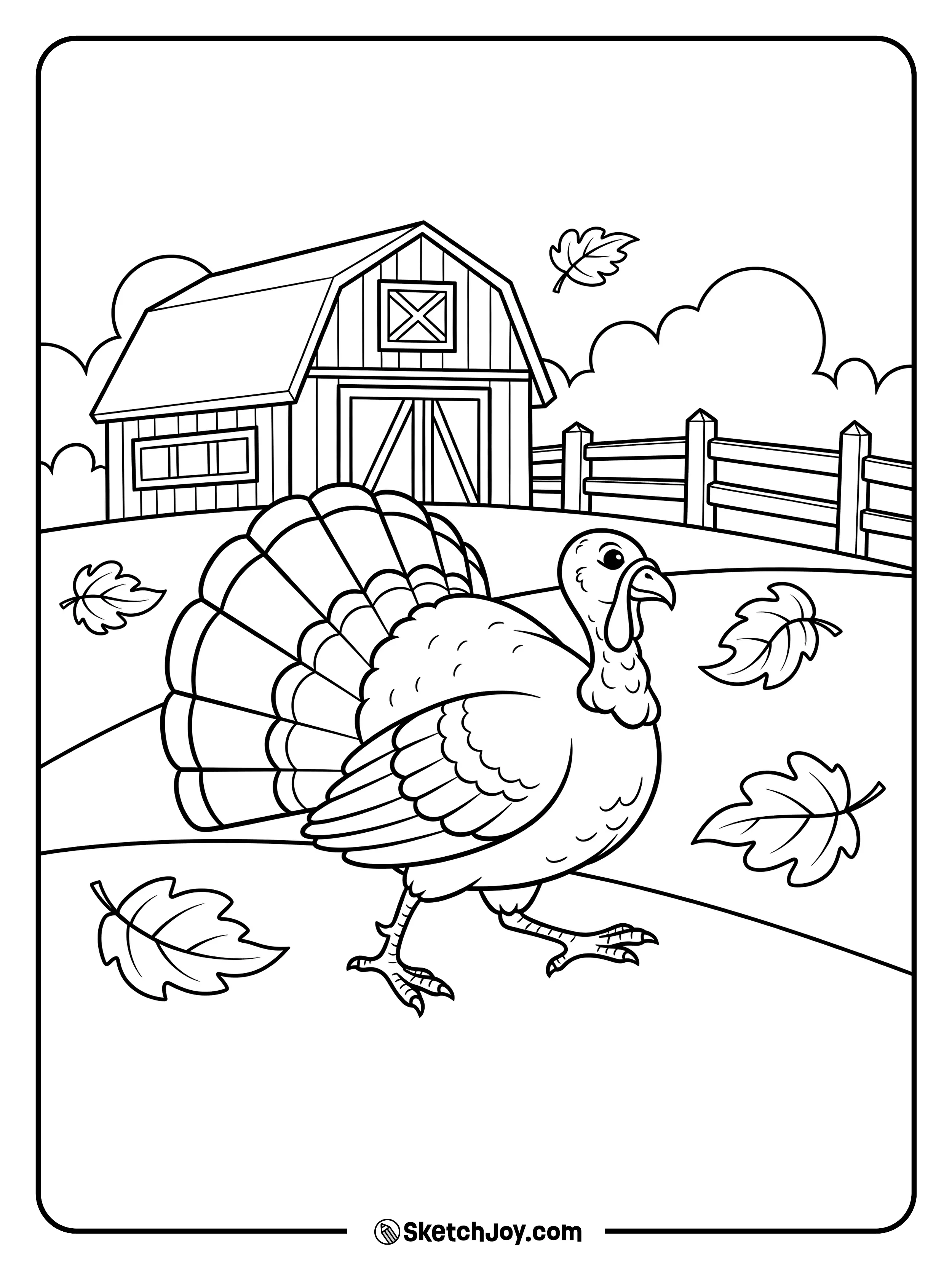 A proud turkey walks near a red barn on a cool fall day.