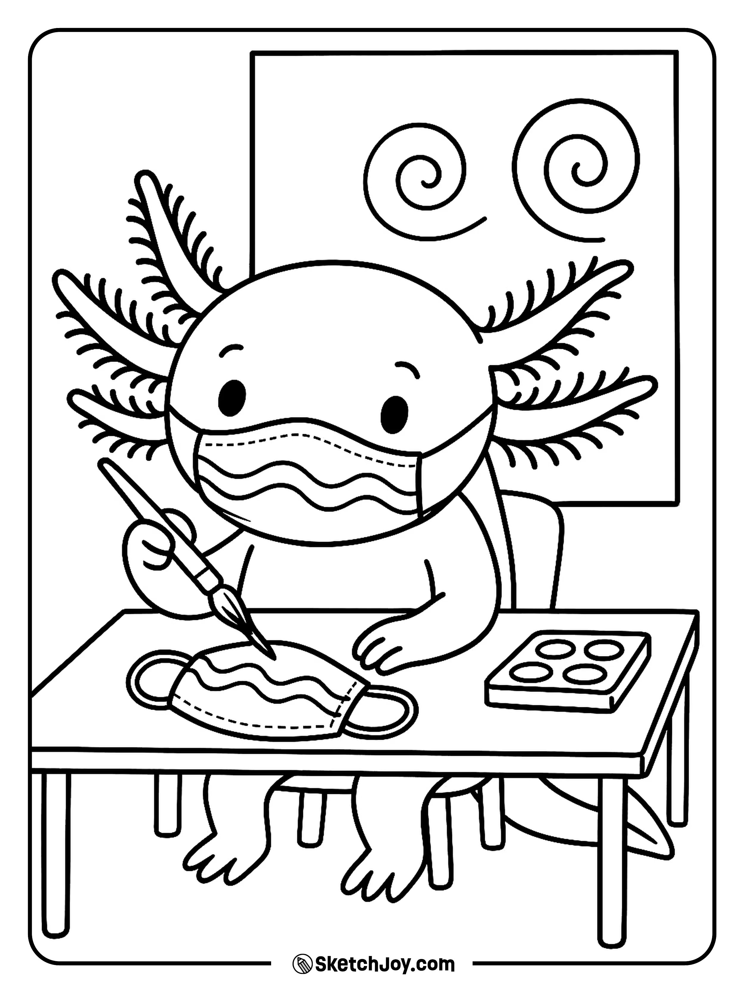 An axolotl paints a paper mask with wave lines.