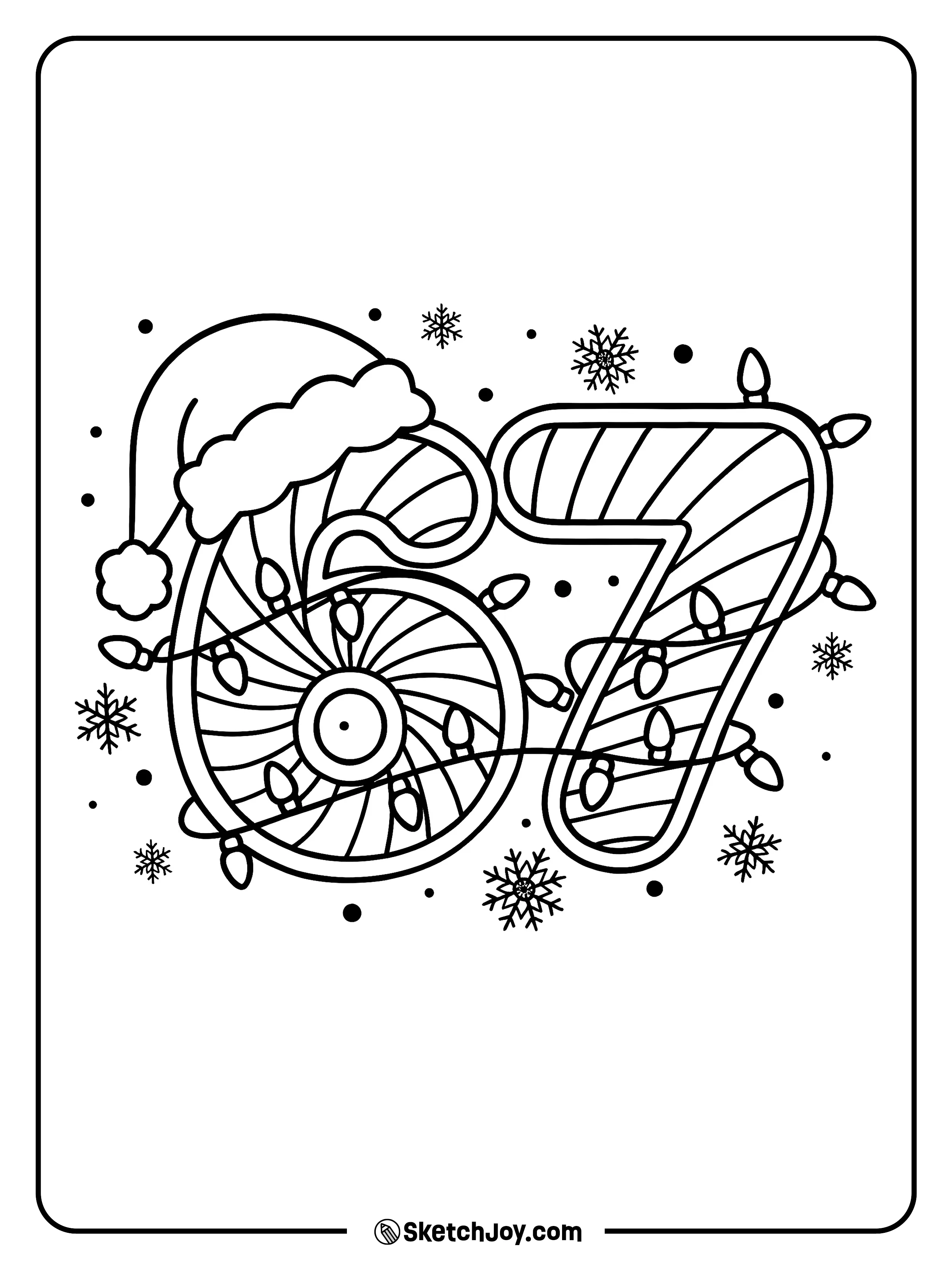 The number 67 wears a Santa hat and string lights.