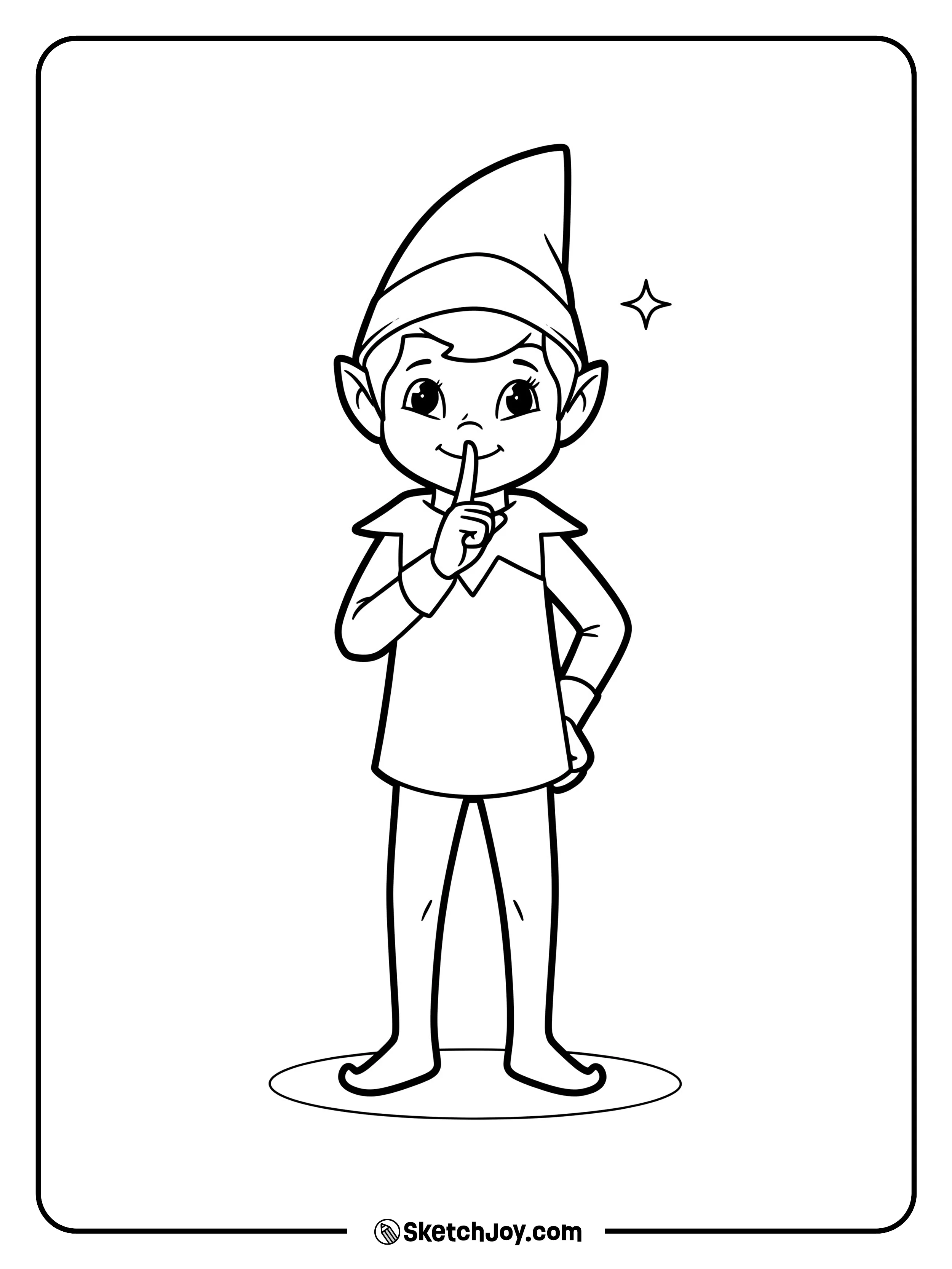 The elf holds a finger to lips for hush.