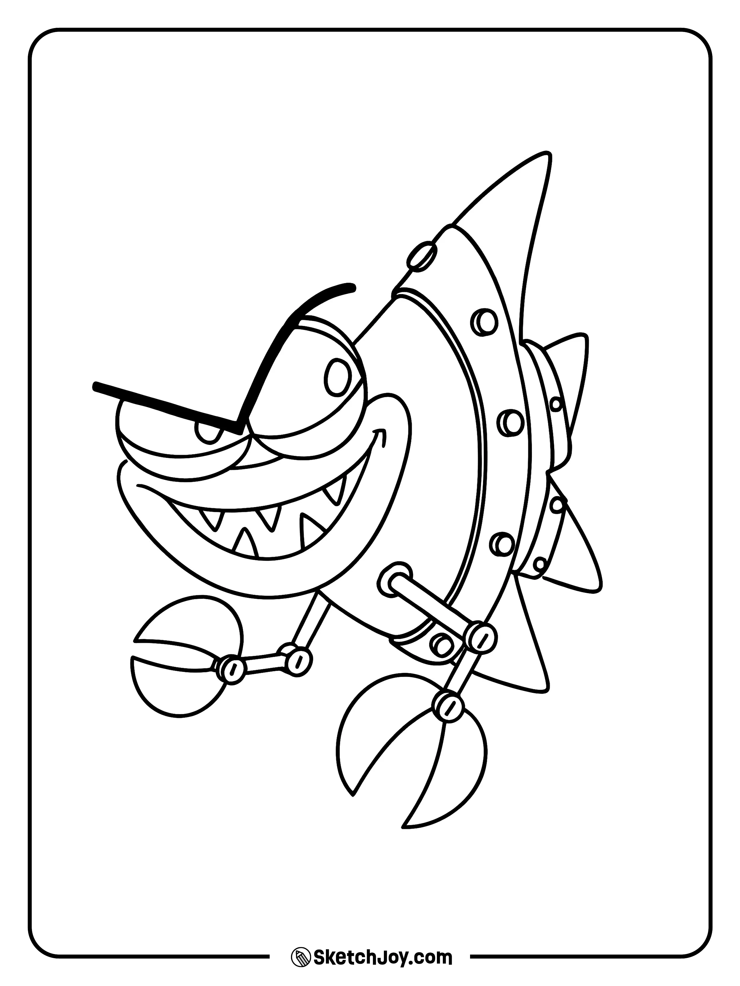 Flippy the fish grins inside a spiky robot body with clamp arms.