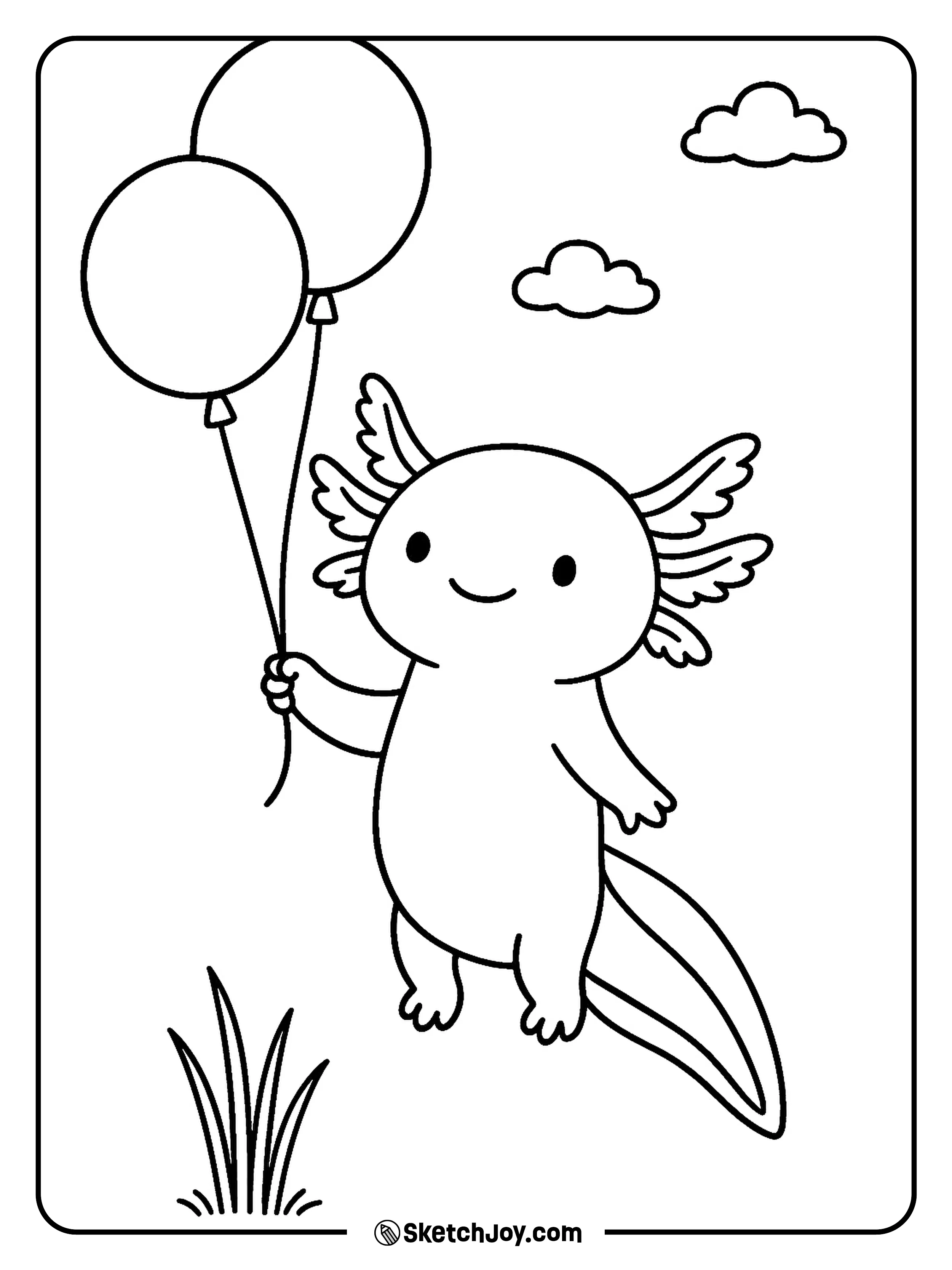 A cute axolotl holds two balloons and drifts above reeds.
