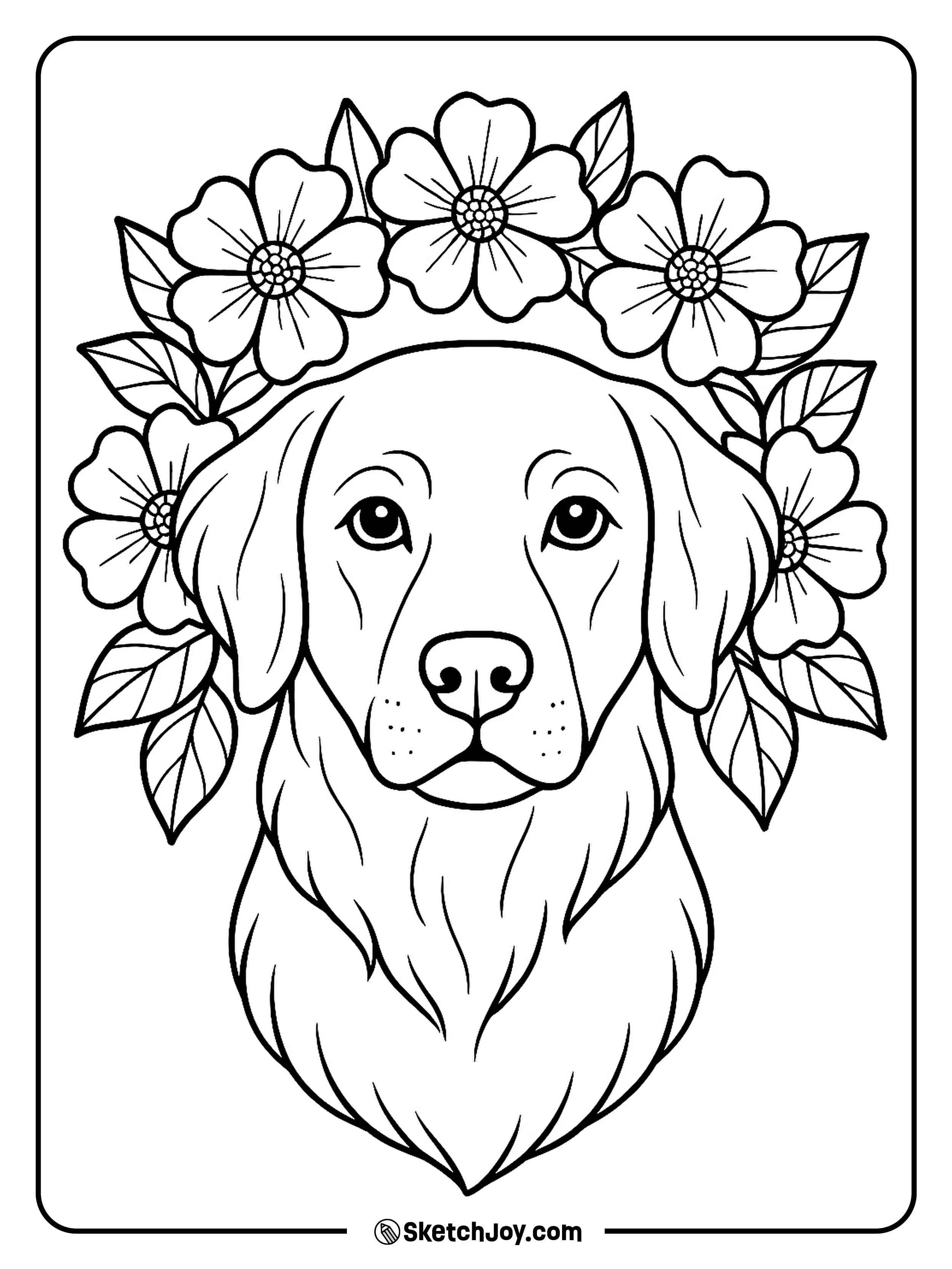 A calm dog face sits inside a soft flower frame.