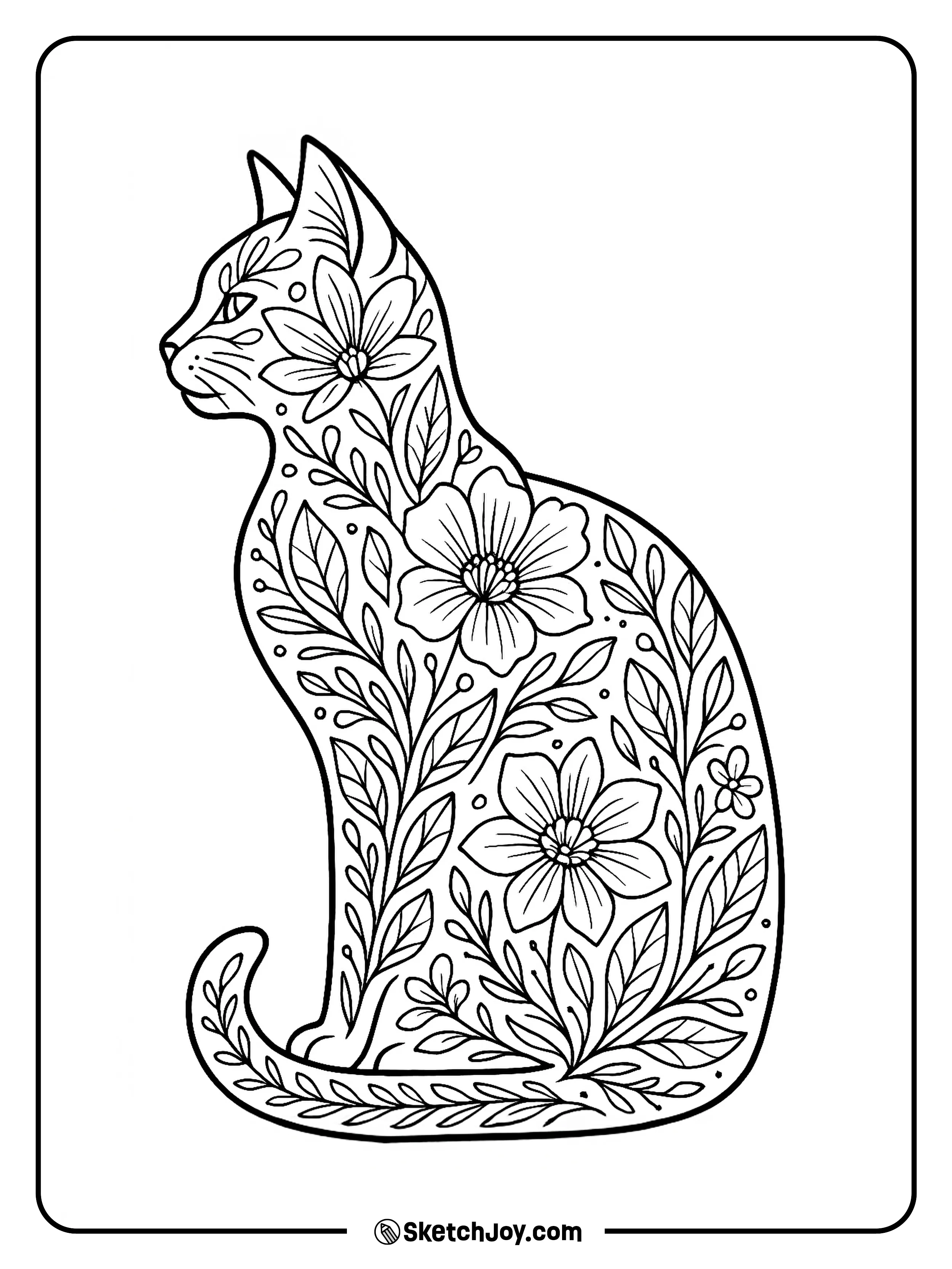 A seated cat shape is filled with detailed floral lines and leaves.