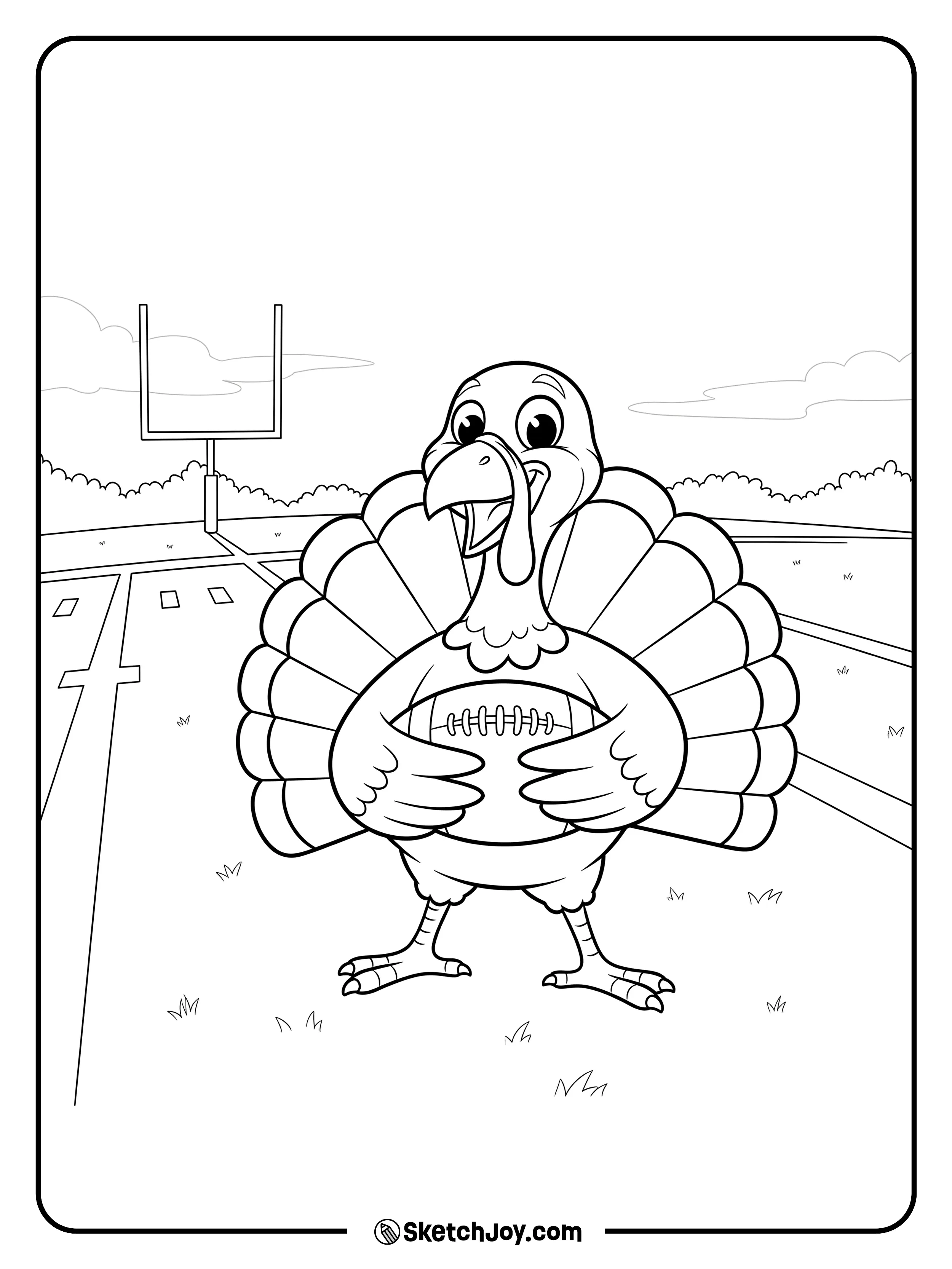 A spirited turkey holds a football on a field.