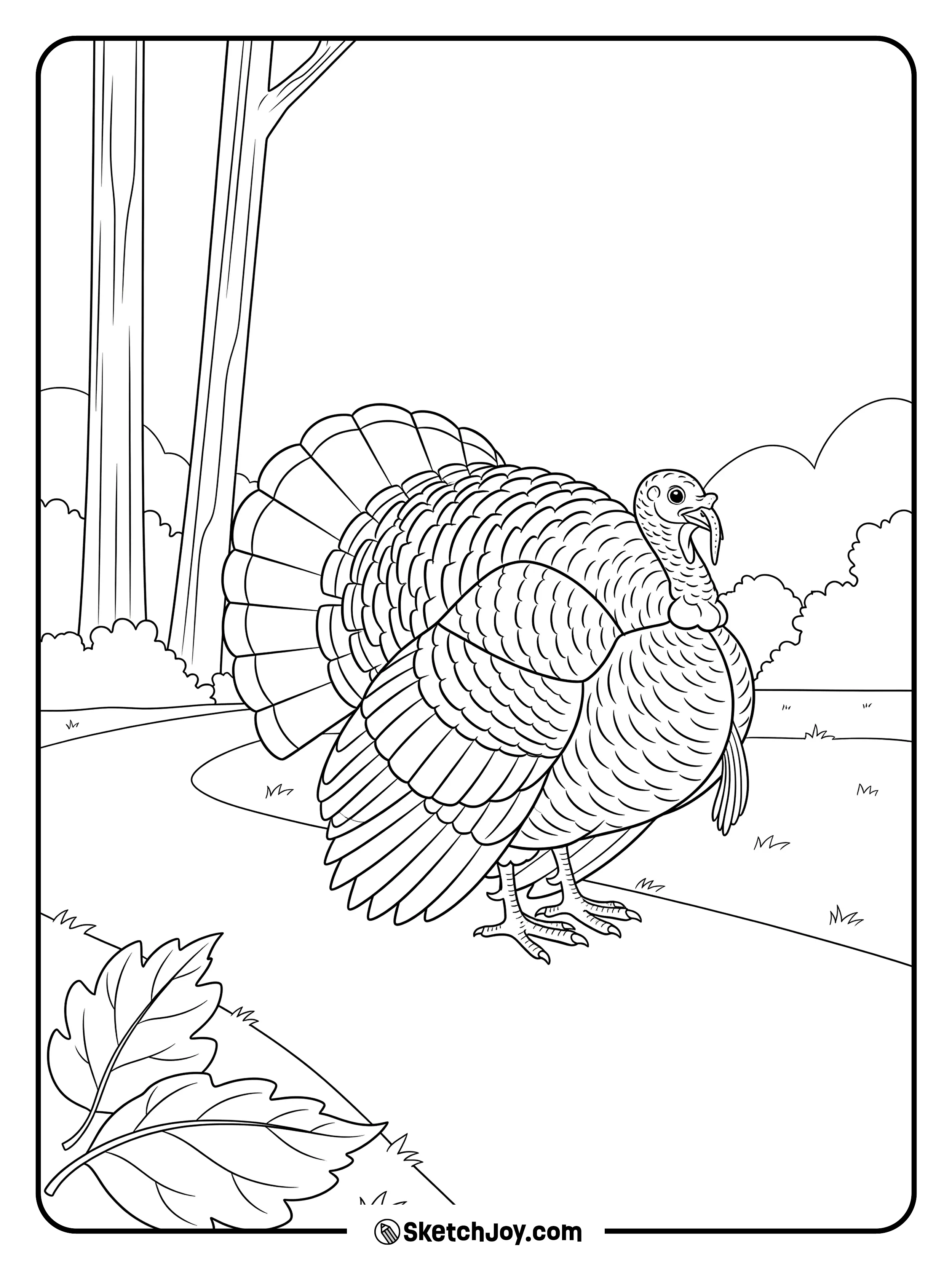 A calm turkey walks on a forest path with tall trees.