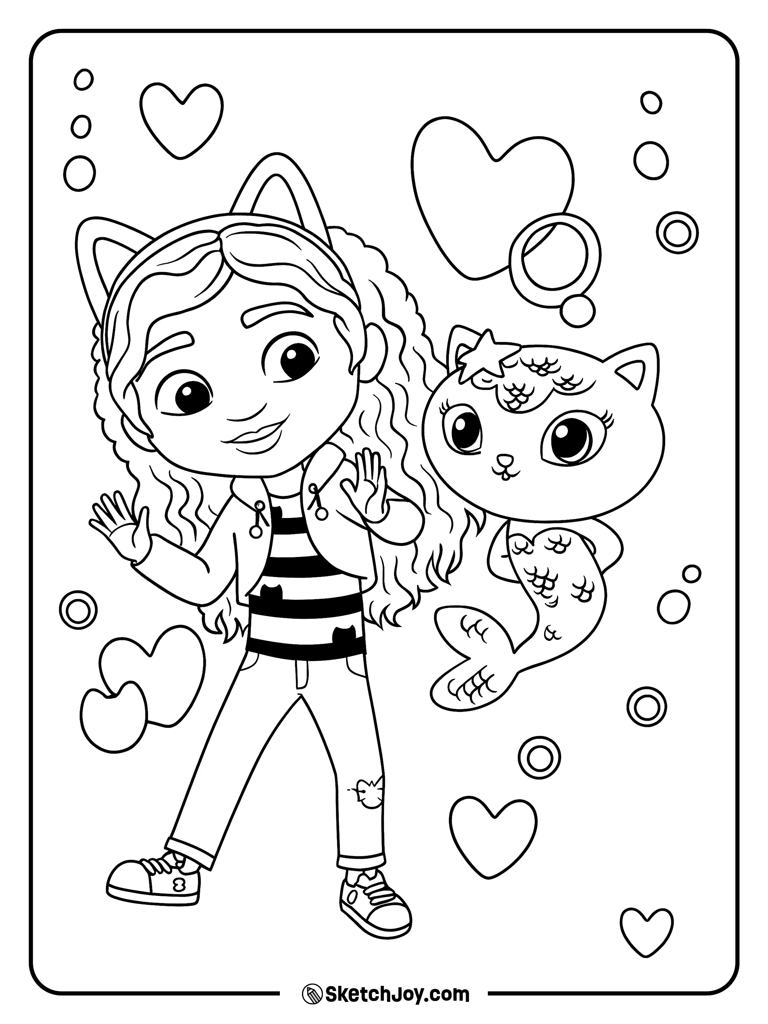 Gabby waves as MerCat swims by with bubbly hearts.