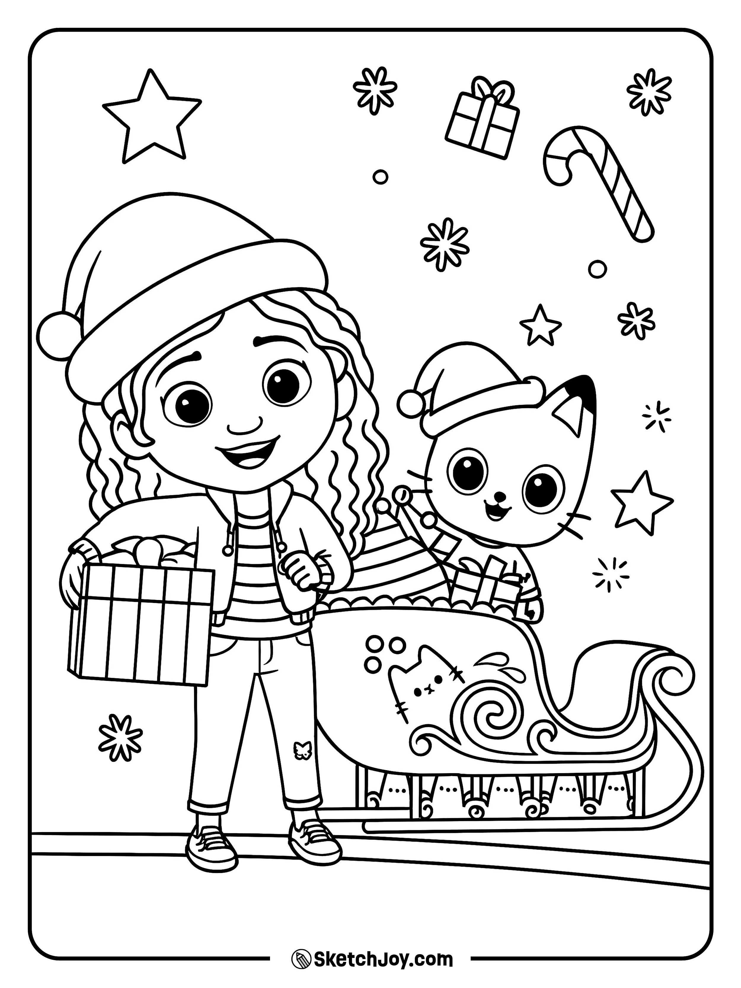 Gabby and Pandy wear cozy hats and carry wrapped presents by a sleigh.