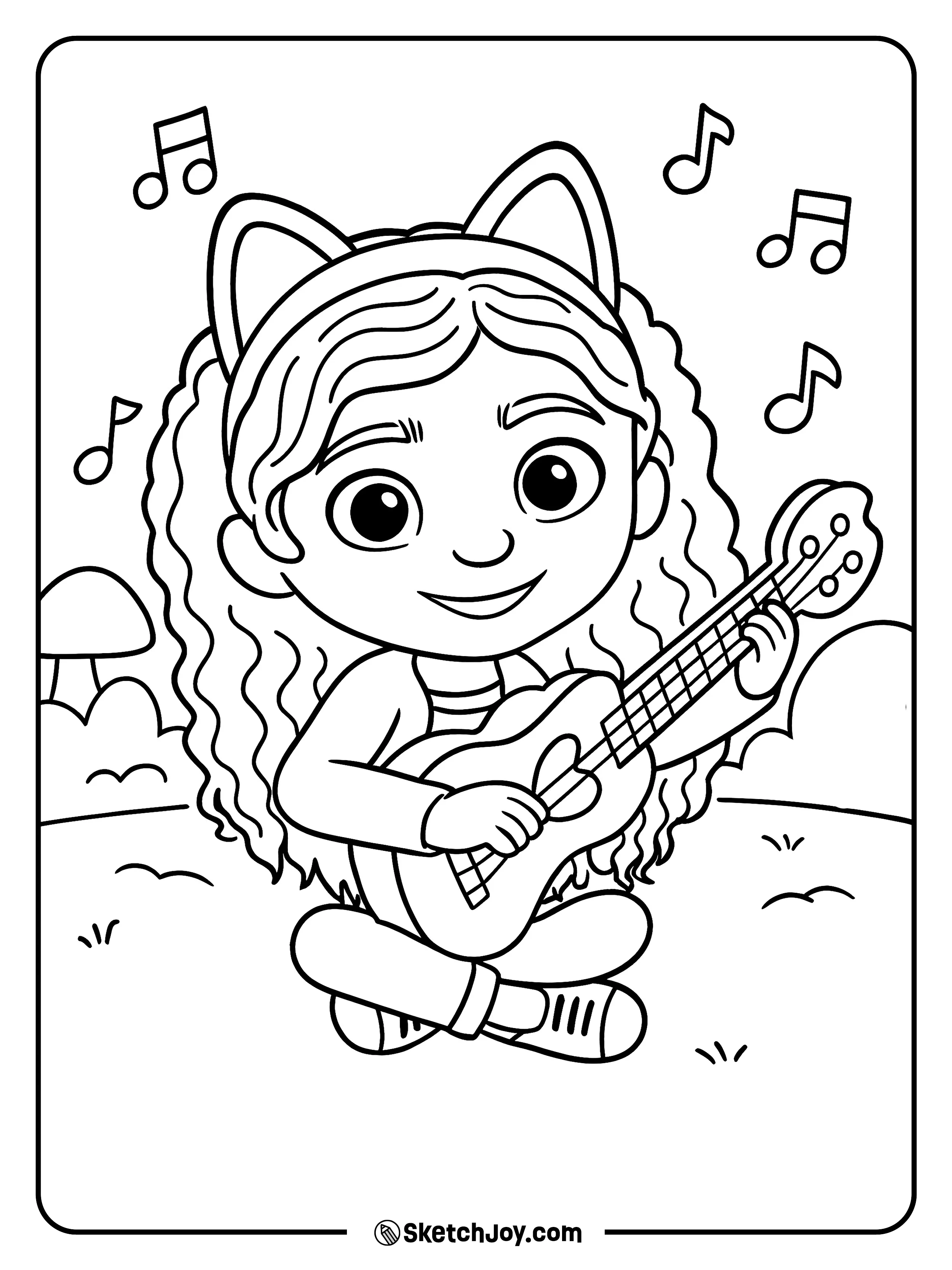 Gabby sits cross-legged and strums a sweet tune.