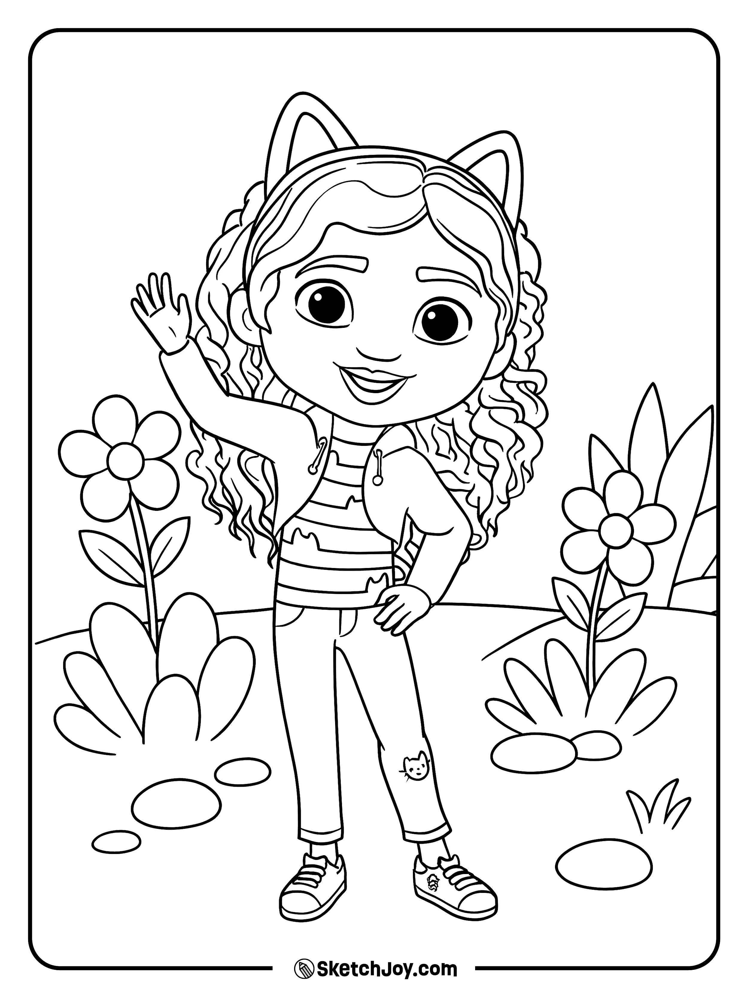 Gabby smiles and waves among big flowers and soft leaves.