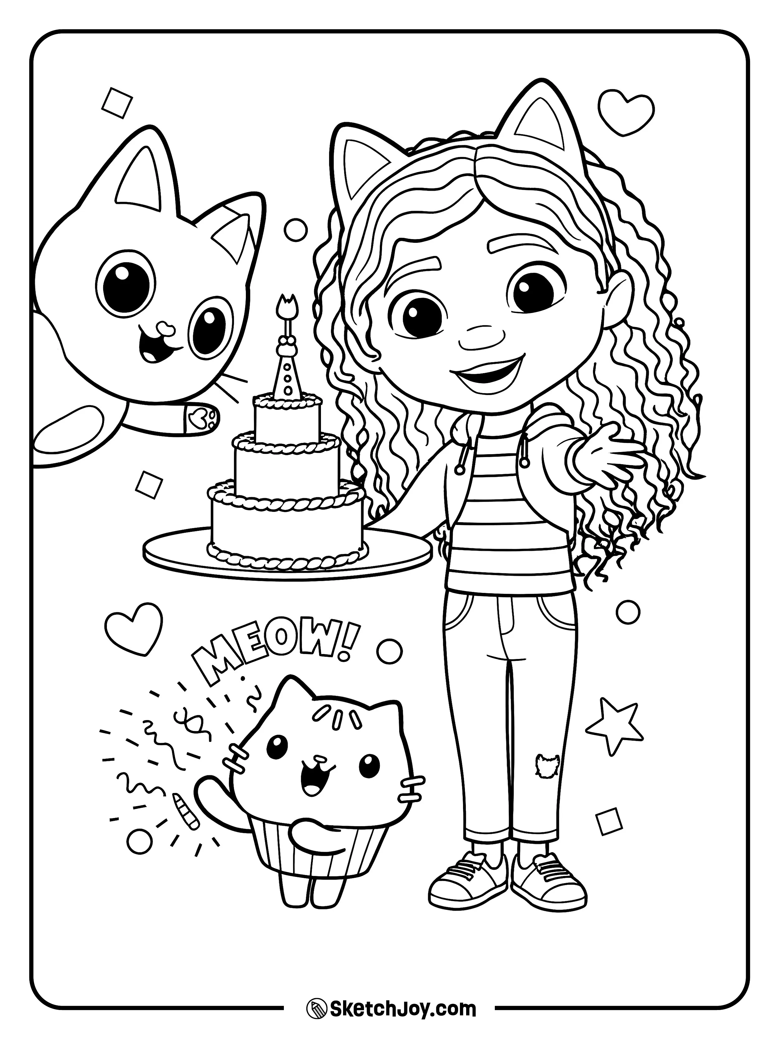 Gabby holds a cake while Cakey and Pandy cheer.