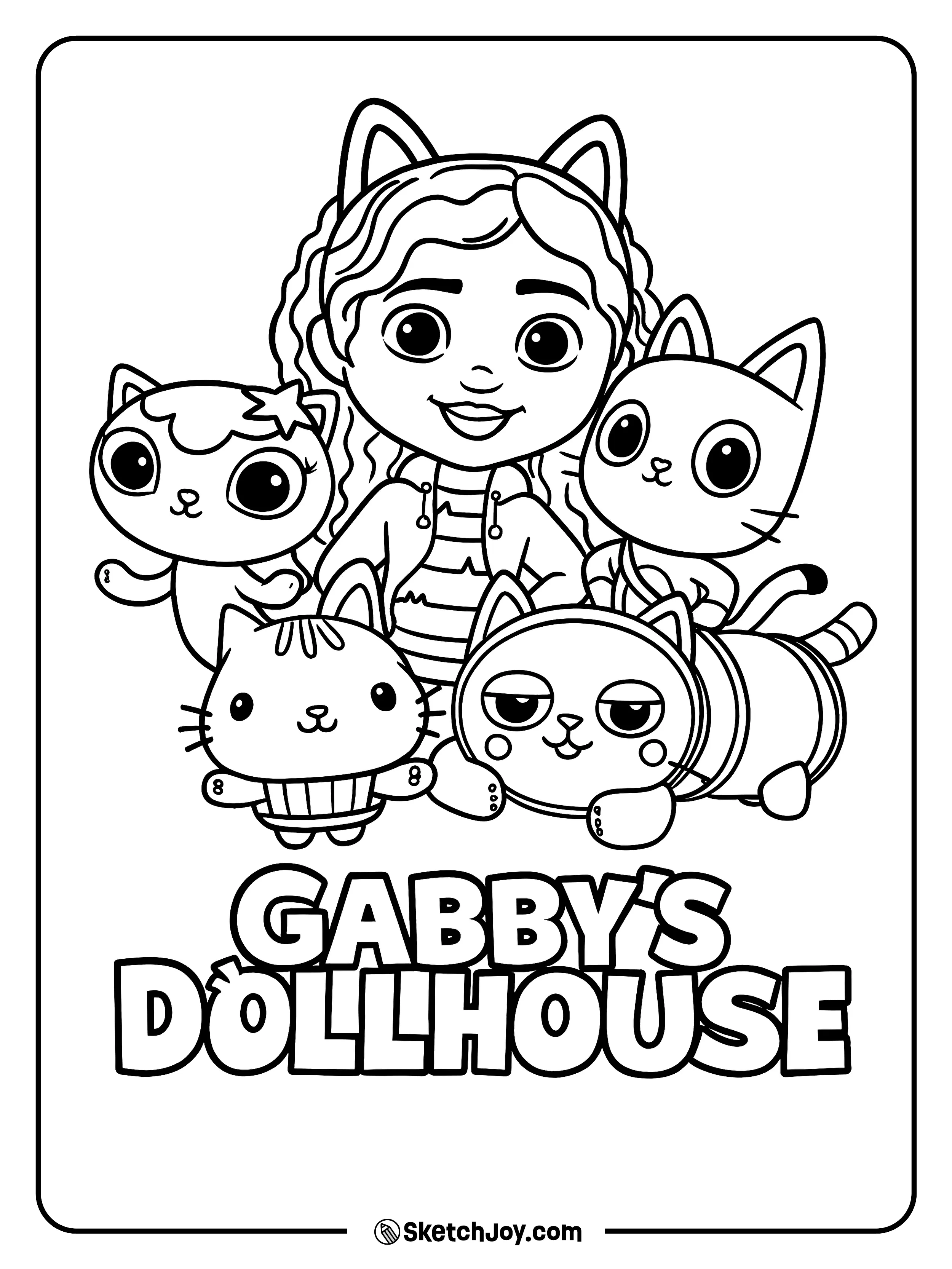 Gabby poses with MerCat, Pandy Paws, Cakey, and Pillow Cat in a group shot.