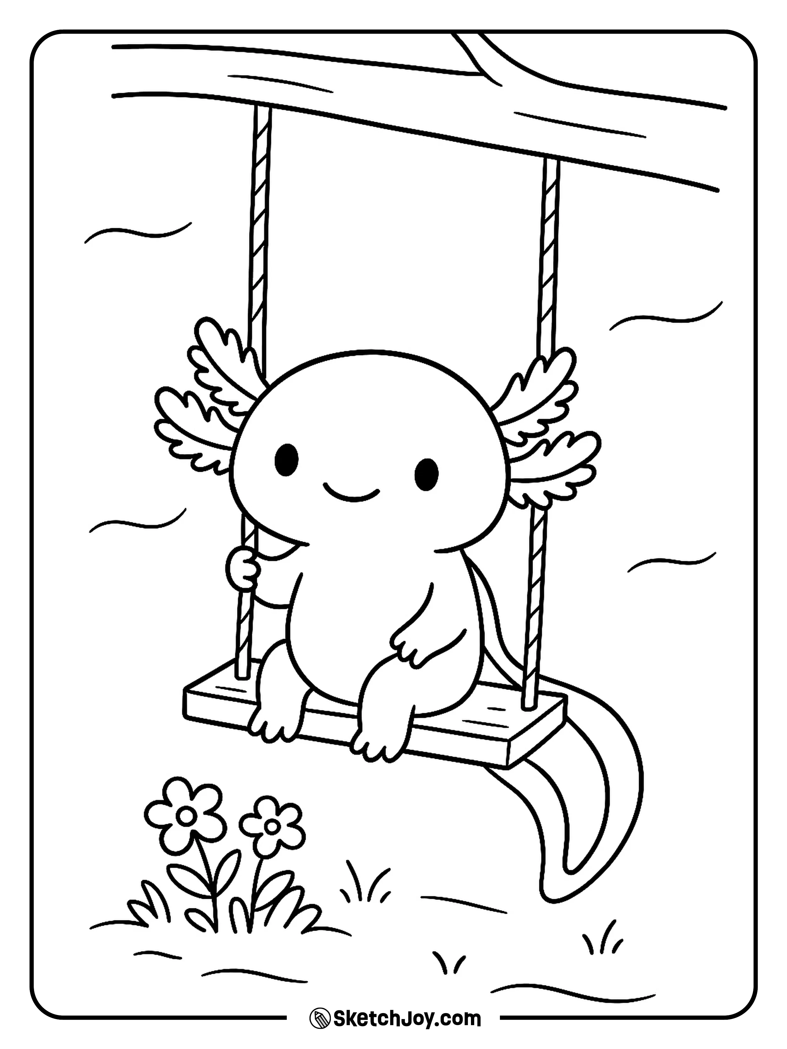A cute axolotl sways on a simple rope swing.