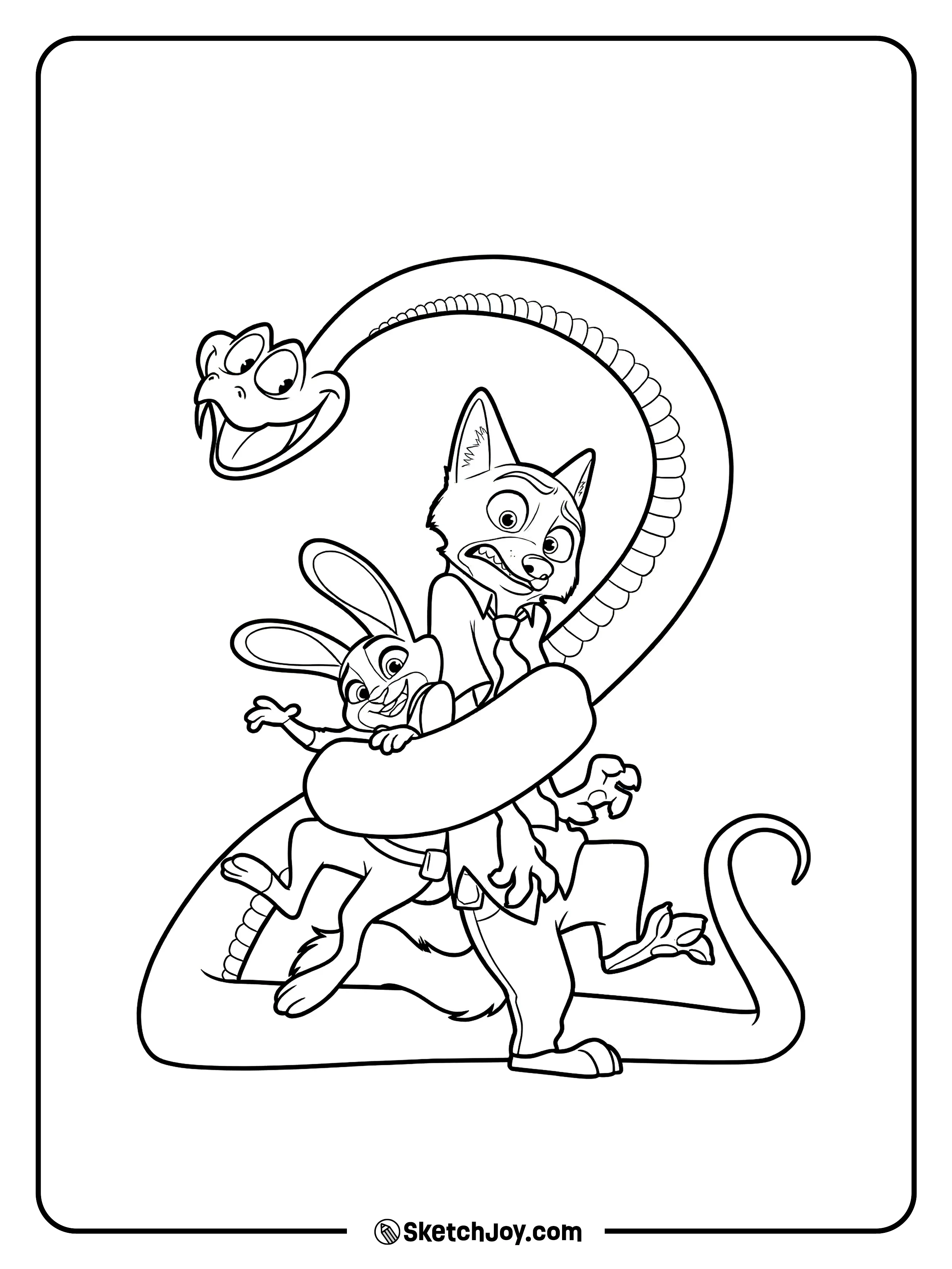 Gary De'Snake wraps Nick and Judy in a playful coil as they react with mixed faces.