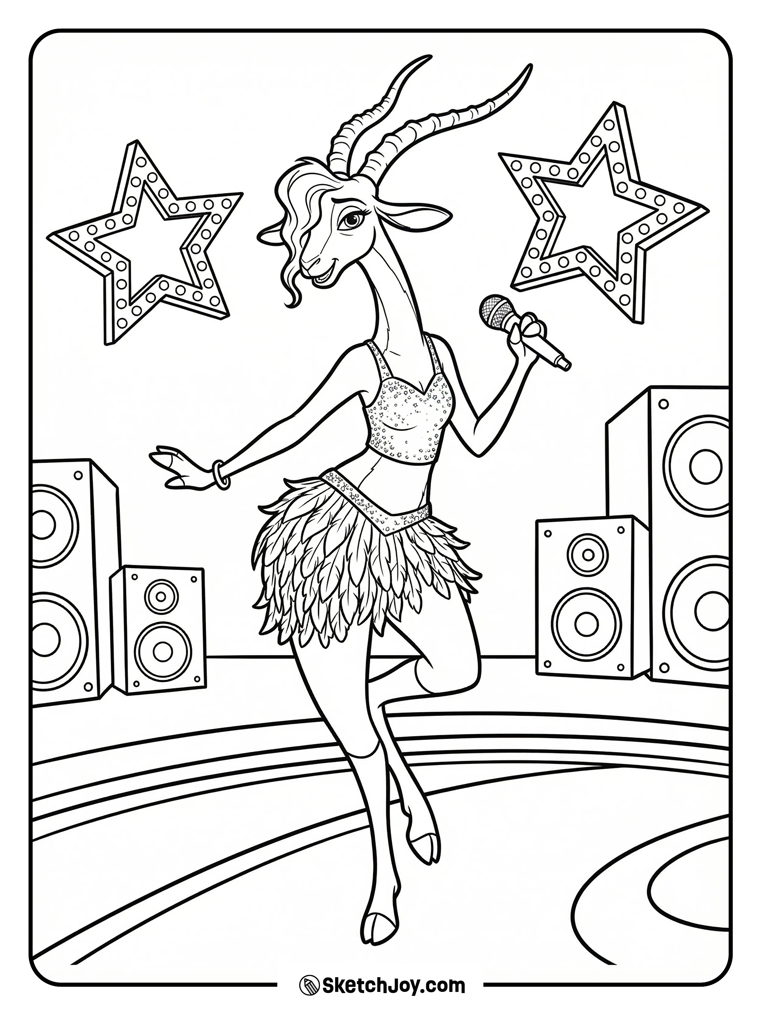 Gazelle practices a dance move on stage with a few soft lights behind her.