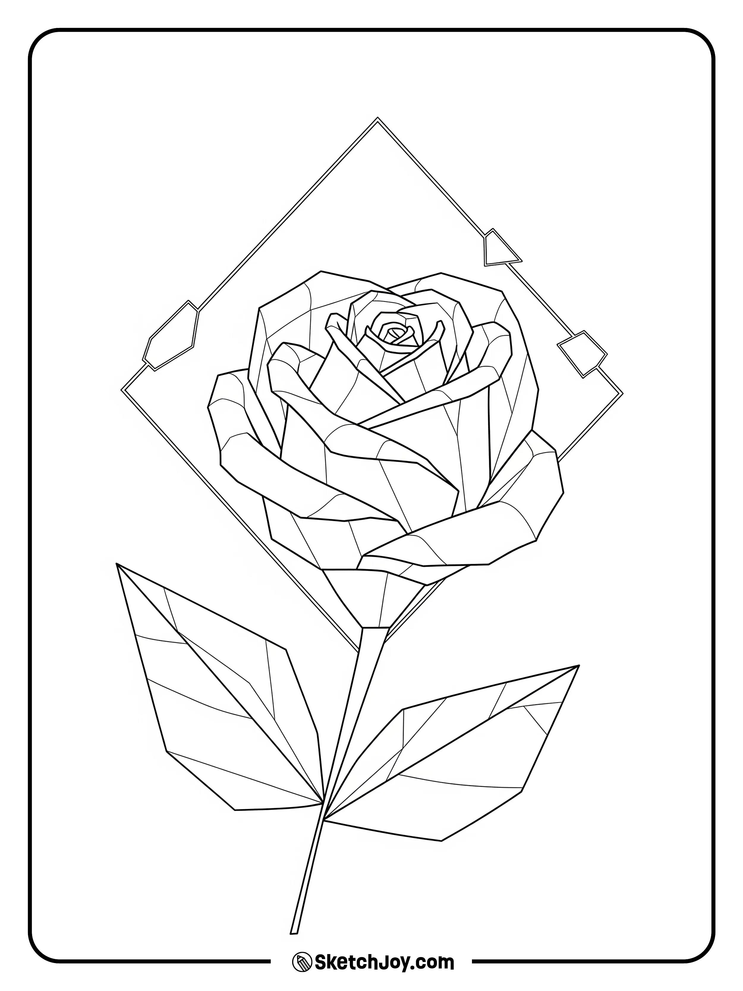 A rose built from triangles and soft curves.