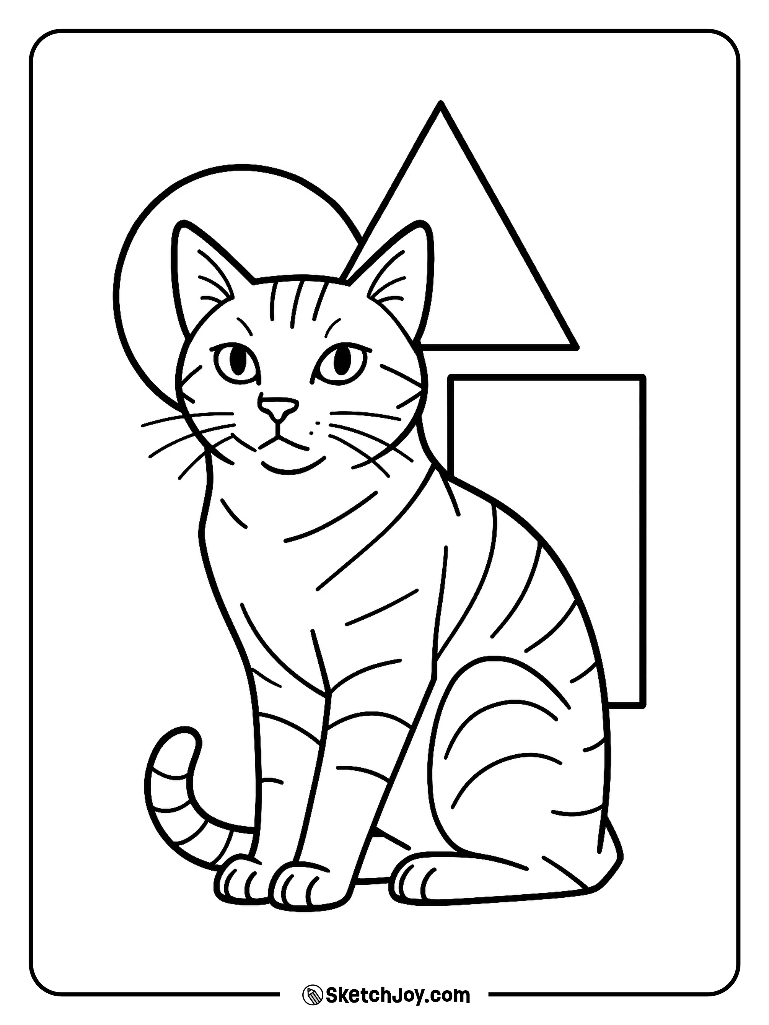 A modern cat sits in front of a few bold geometric shapes.
