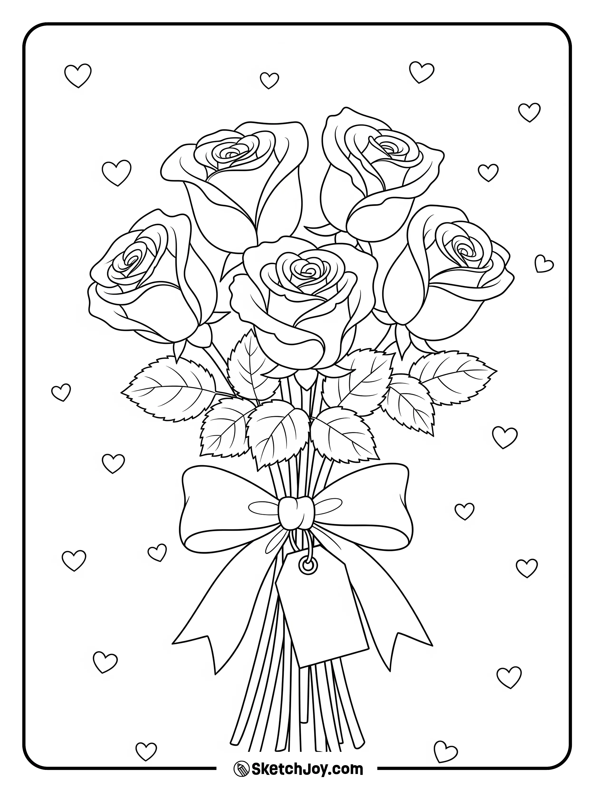 A neat rose bouquet tied with a big ribbon bow.