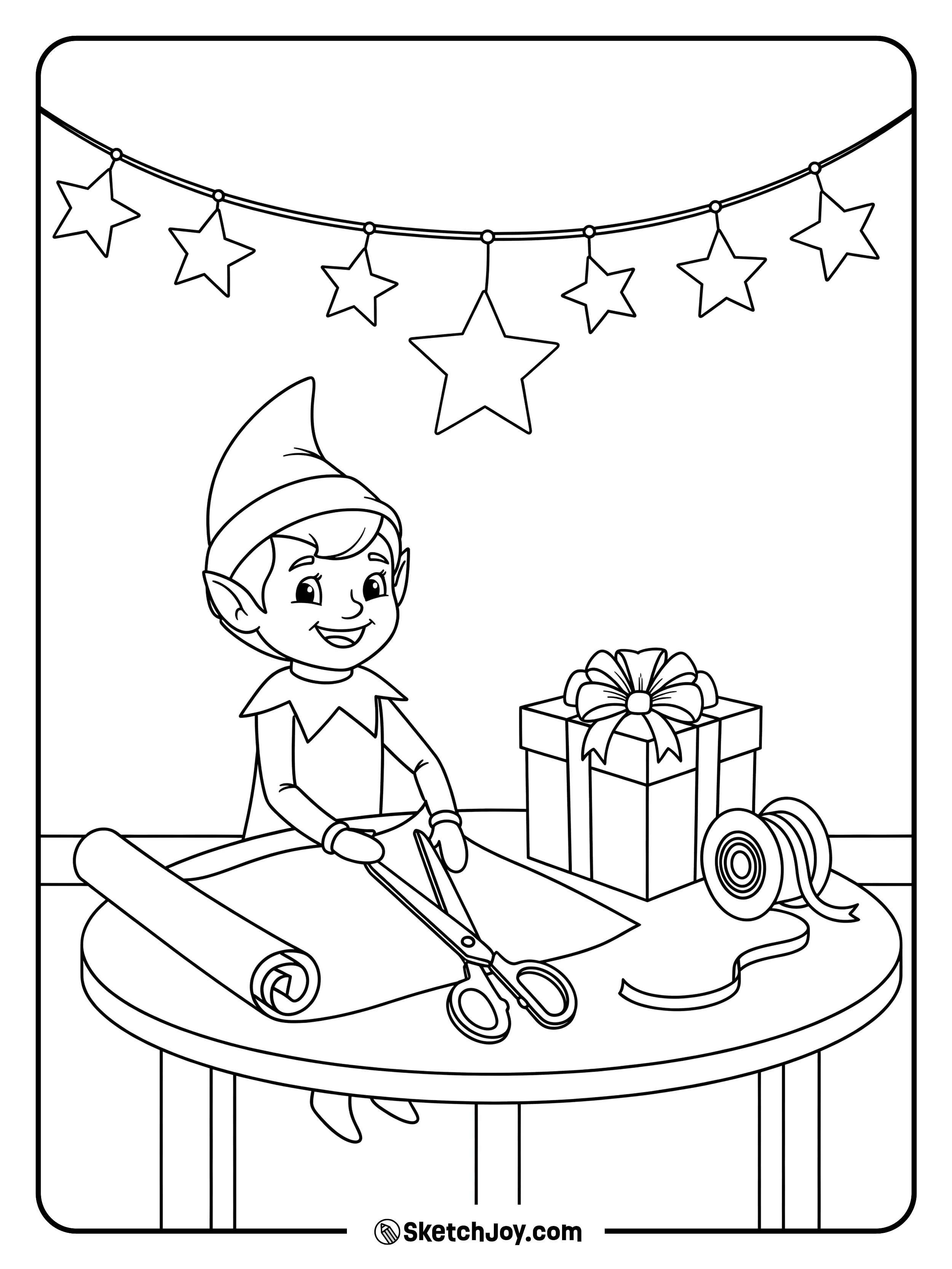 The elf ties a neat bow on a small box.