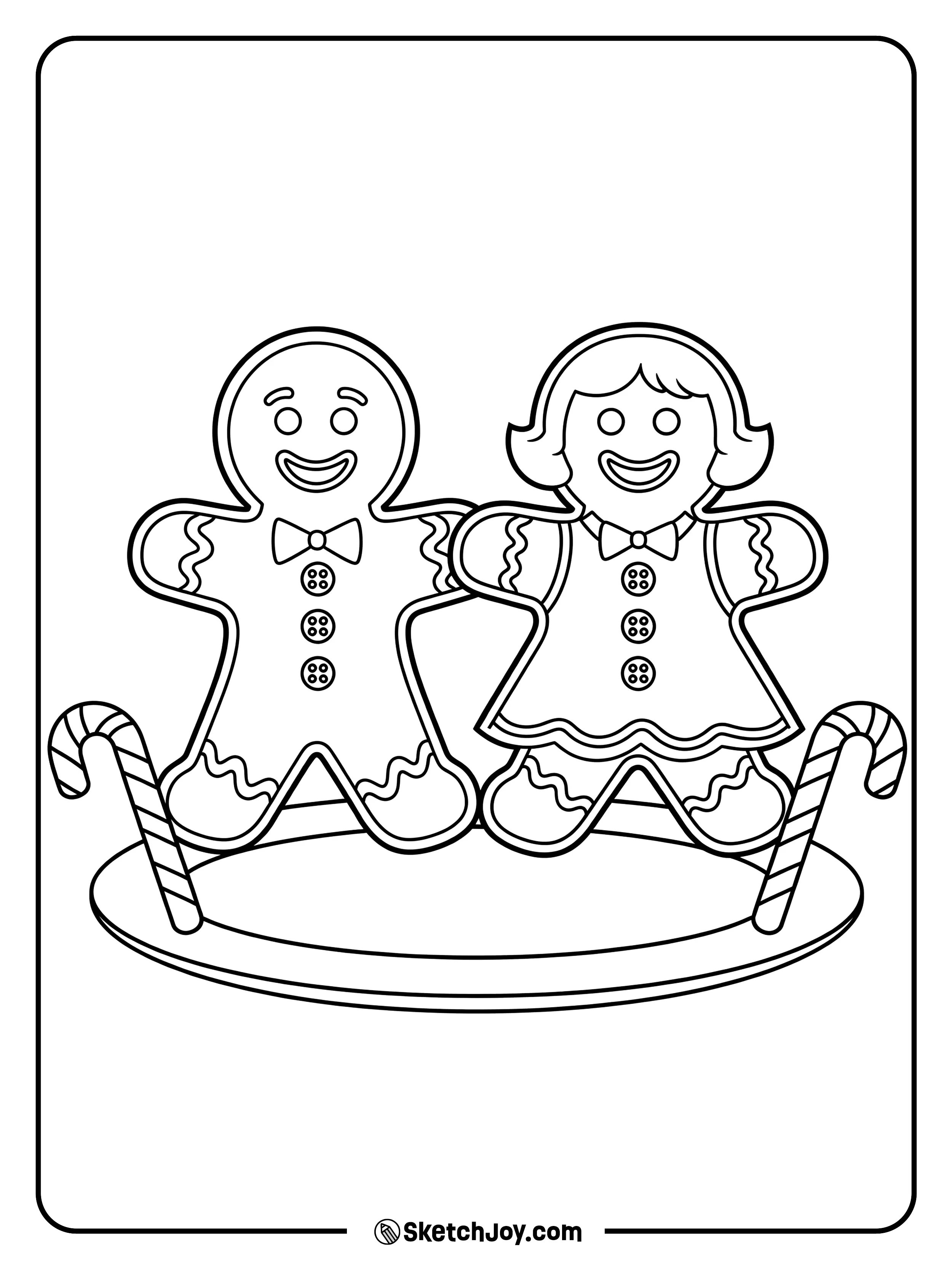 Two gingerbread cookies hold hands with candy buttons.