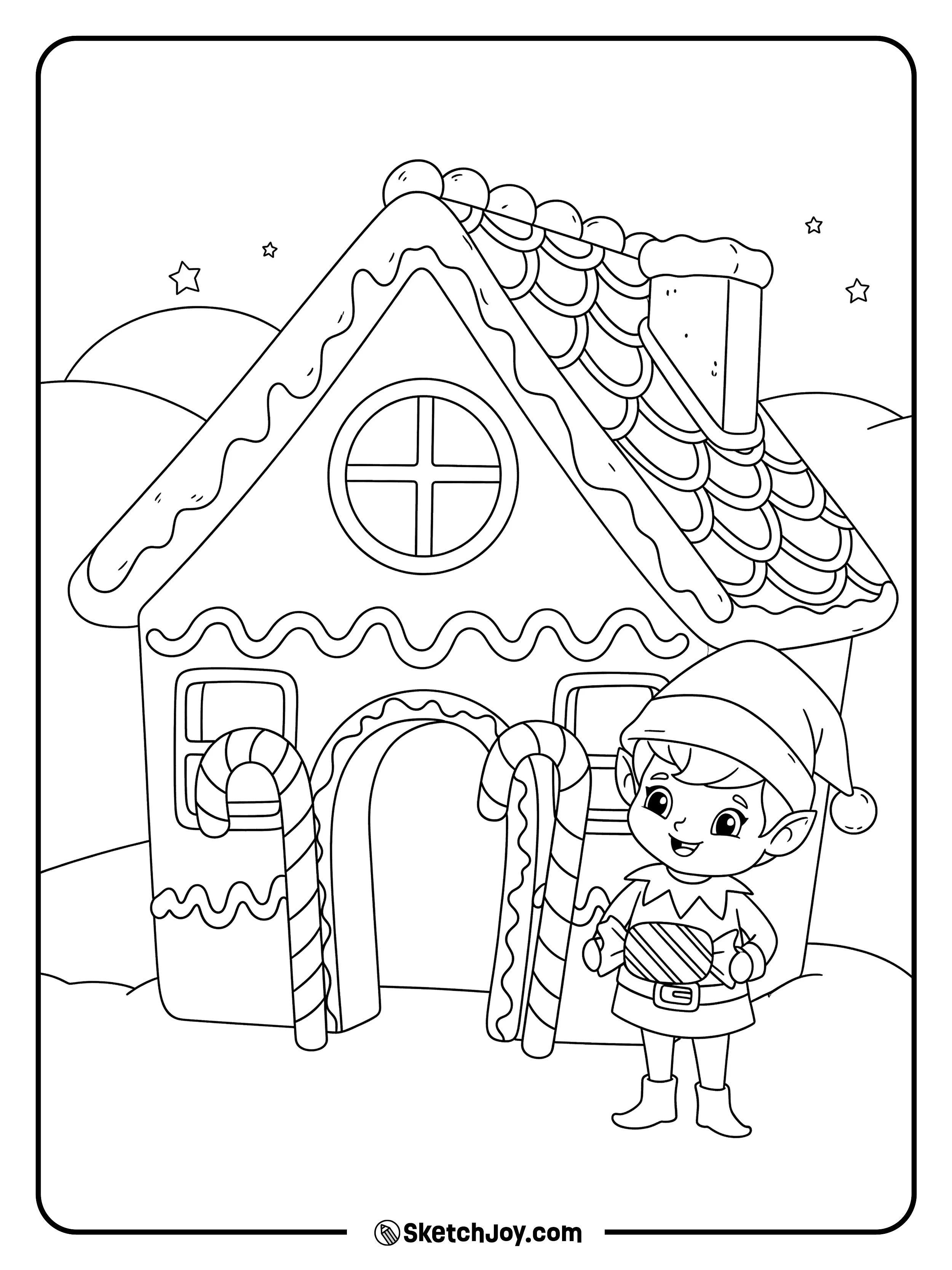 The elf sticks a candy roof on a gingerbread house.
