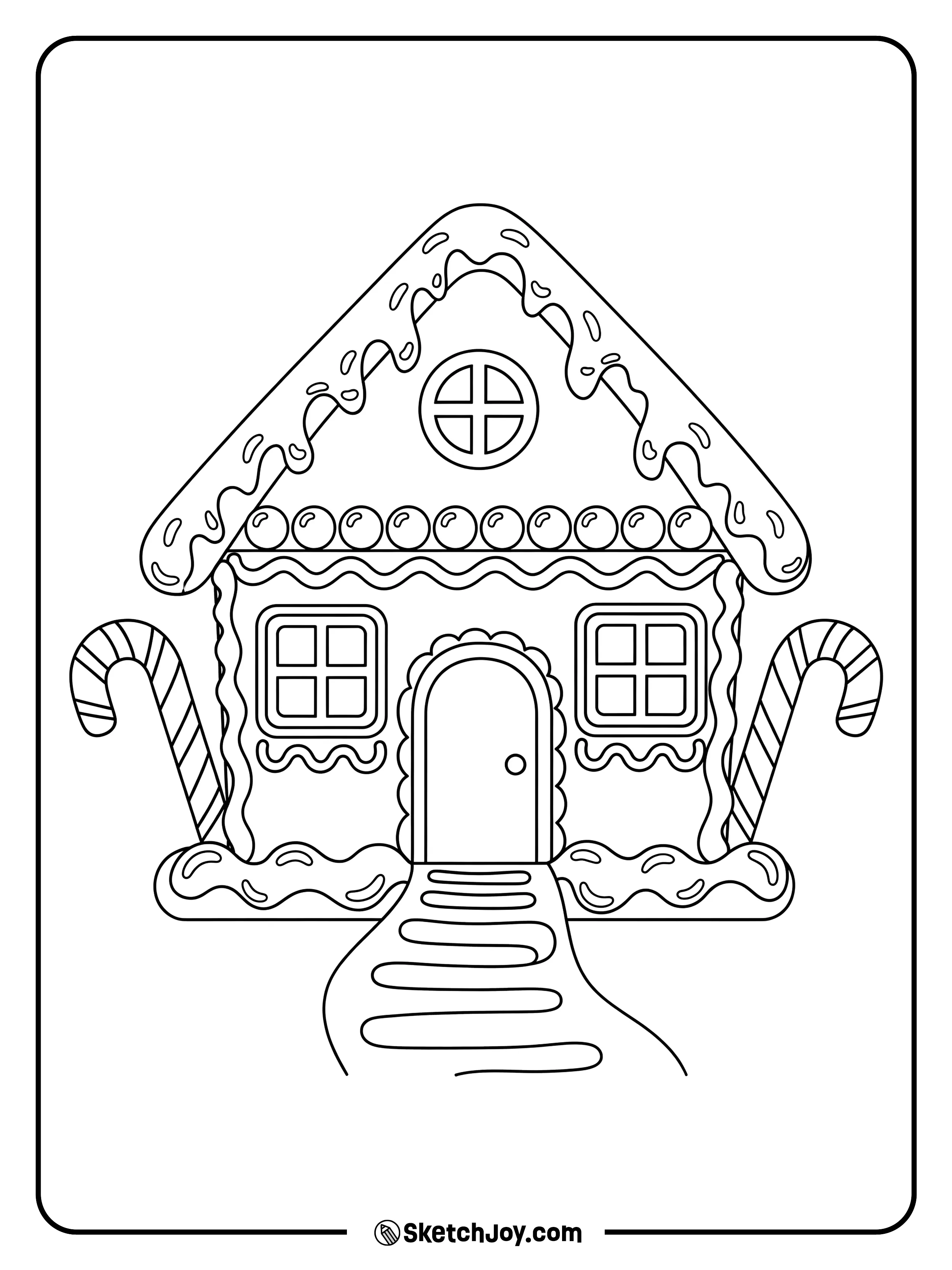 A neat cookie house with icing trim and candy shapes.