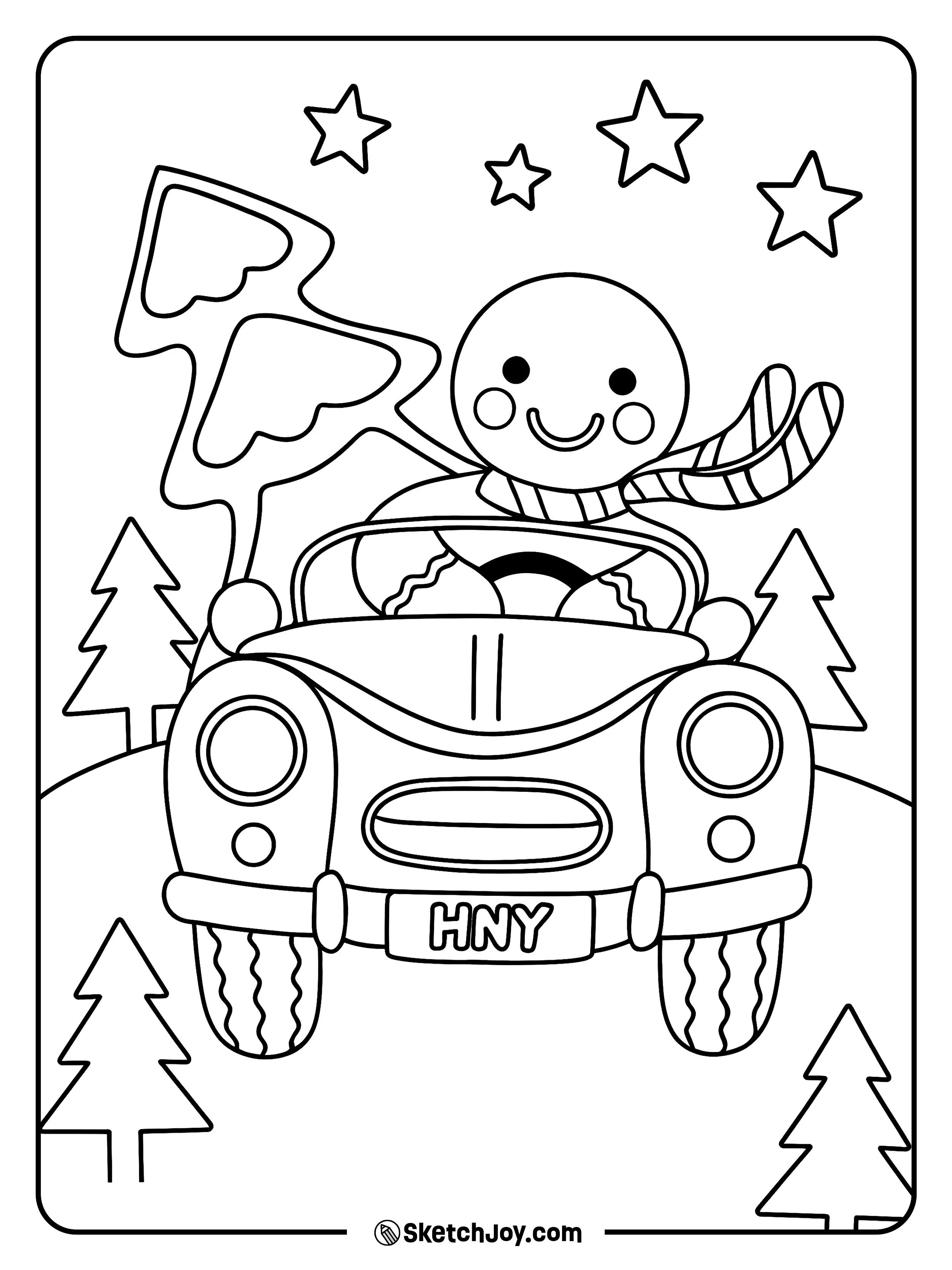 A gingerbread driver cruises a small car through pine hills.