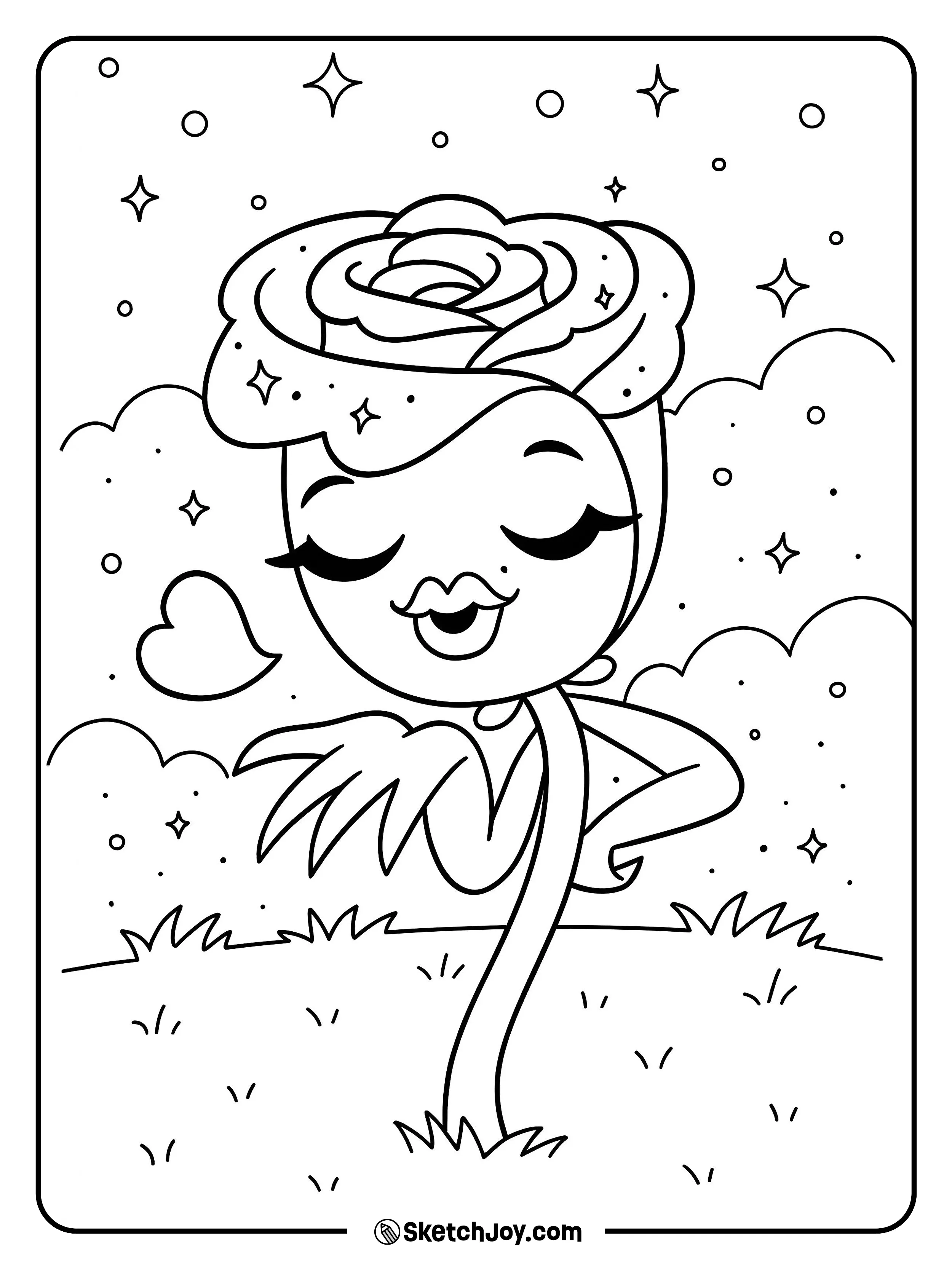 A cute rose strikes a fun pose with a heart and shiny stars.