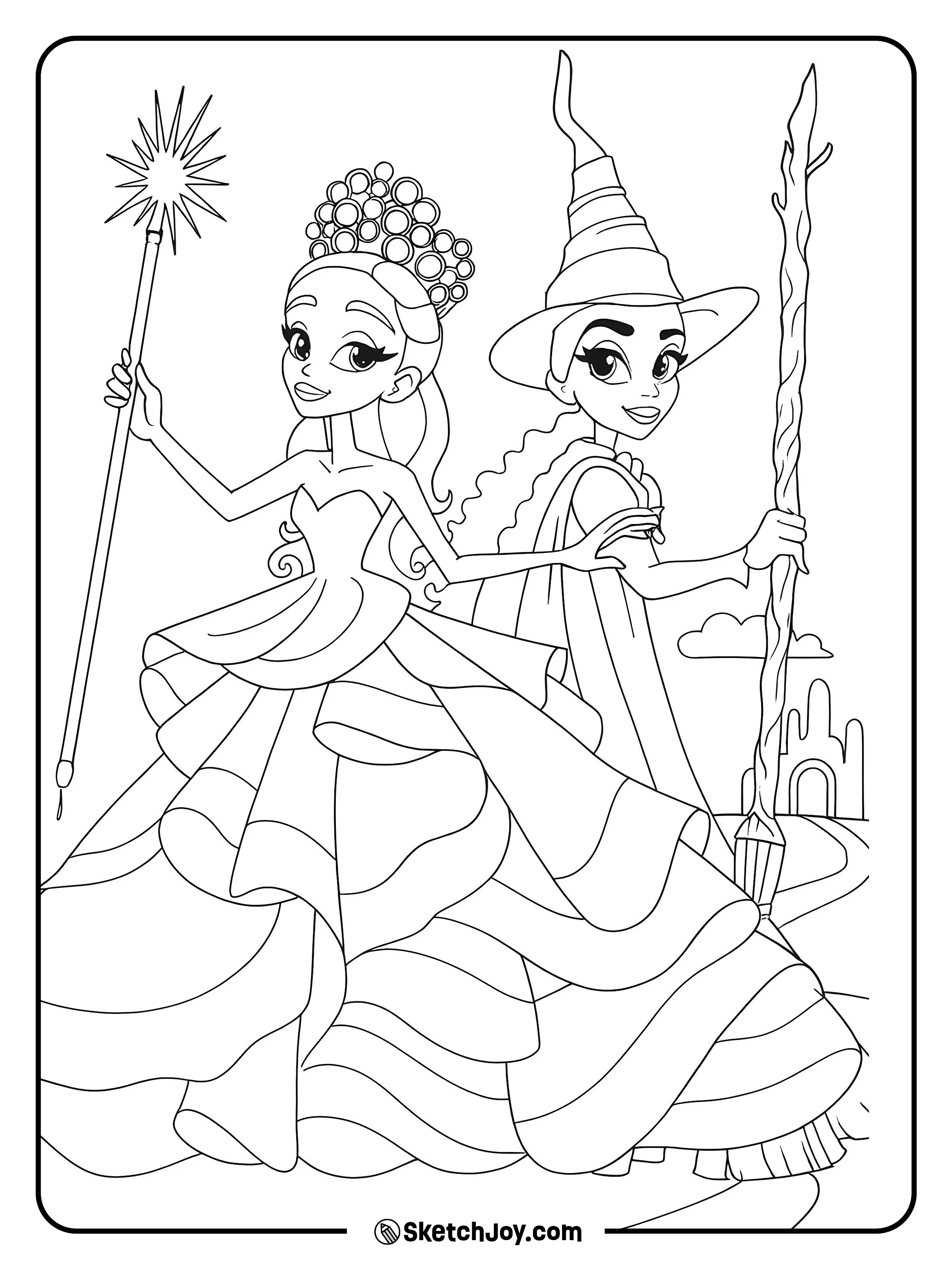 Glinda lifts her wand while Elphaba steps forward with her staff.