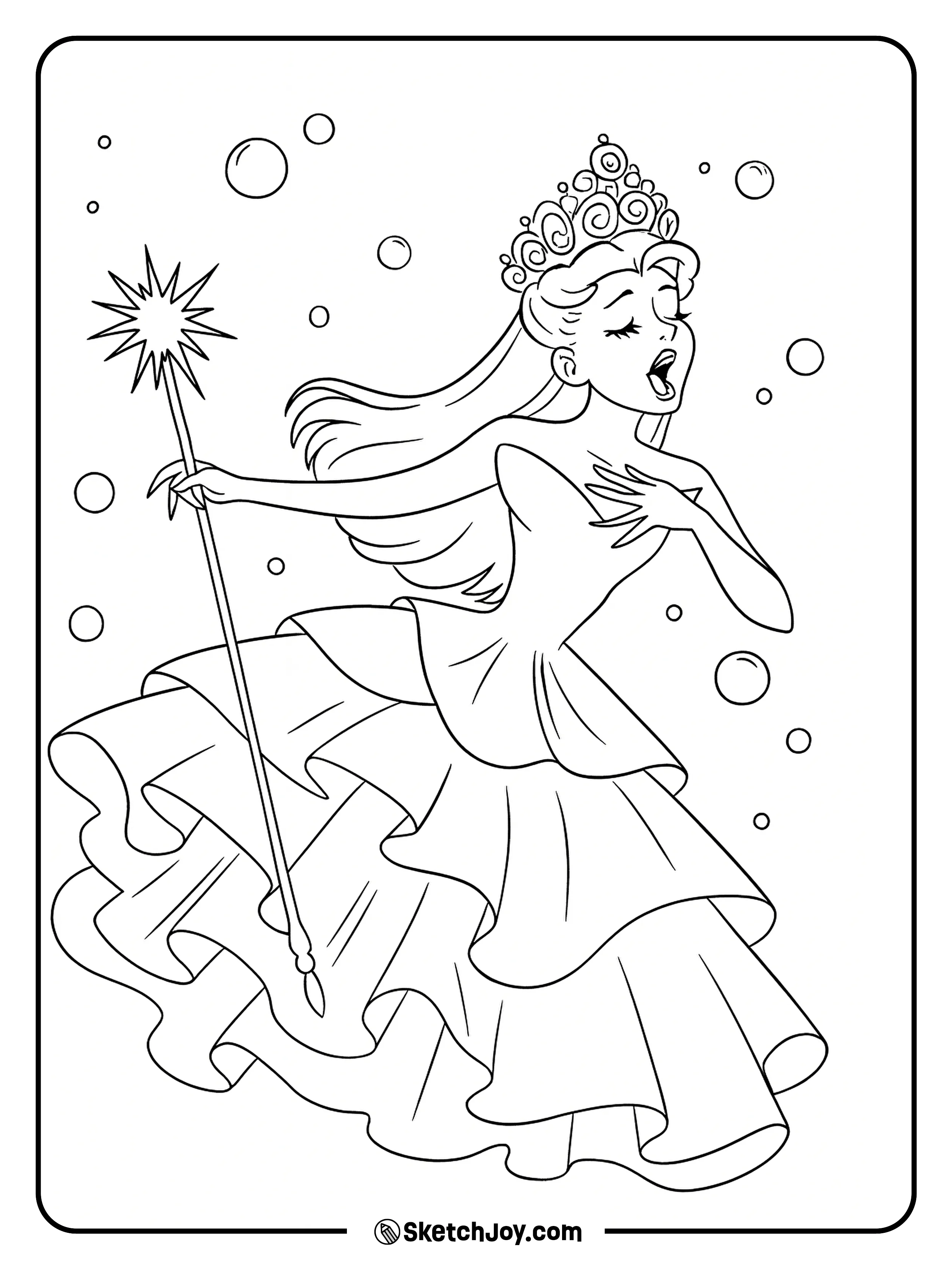 Glinda sings with her wand as bubbles float around her dress.