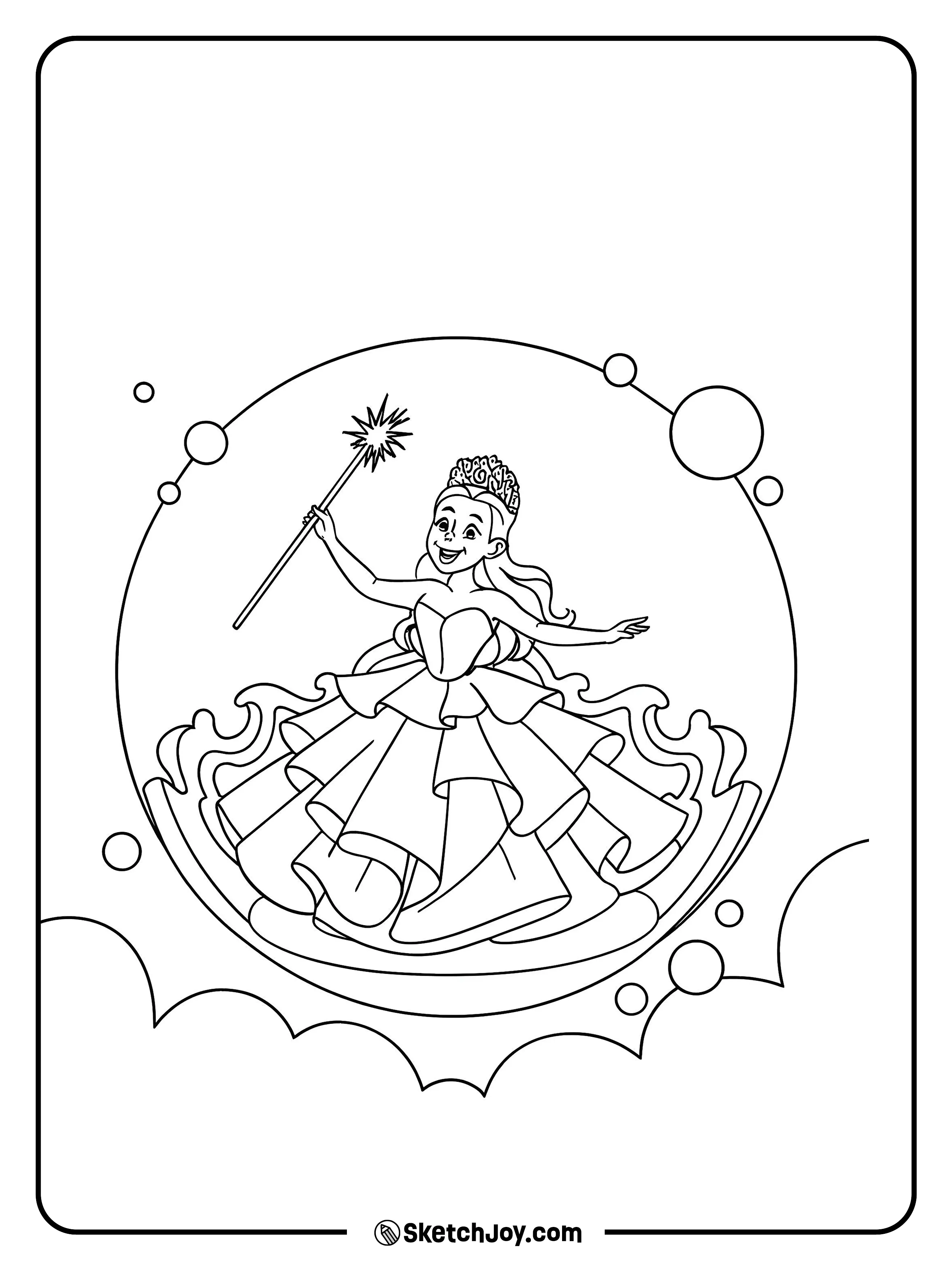 Glinda rides her bubble and lifts her wand with a bright smile.