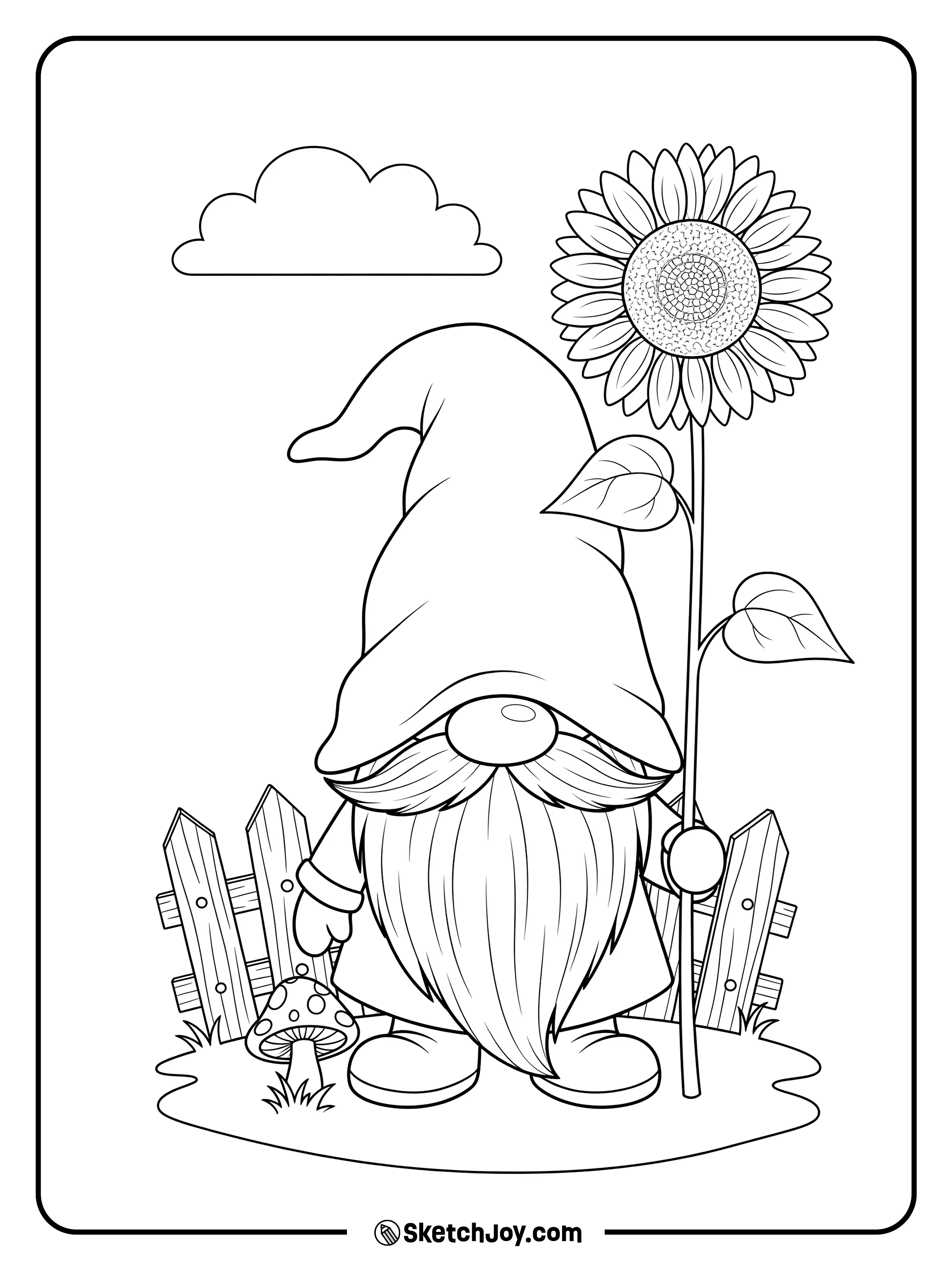 A friendly garden gnome holds a big sunflower.