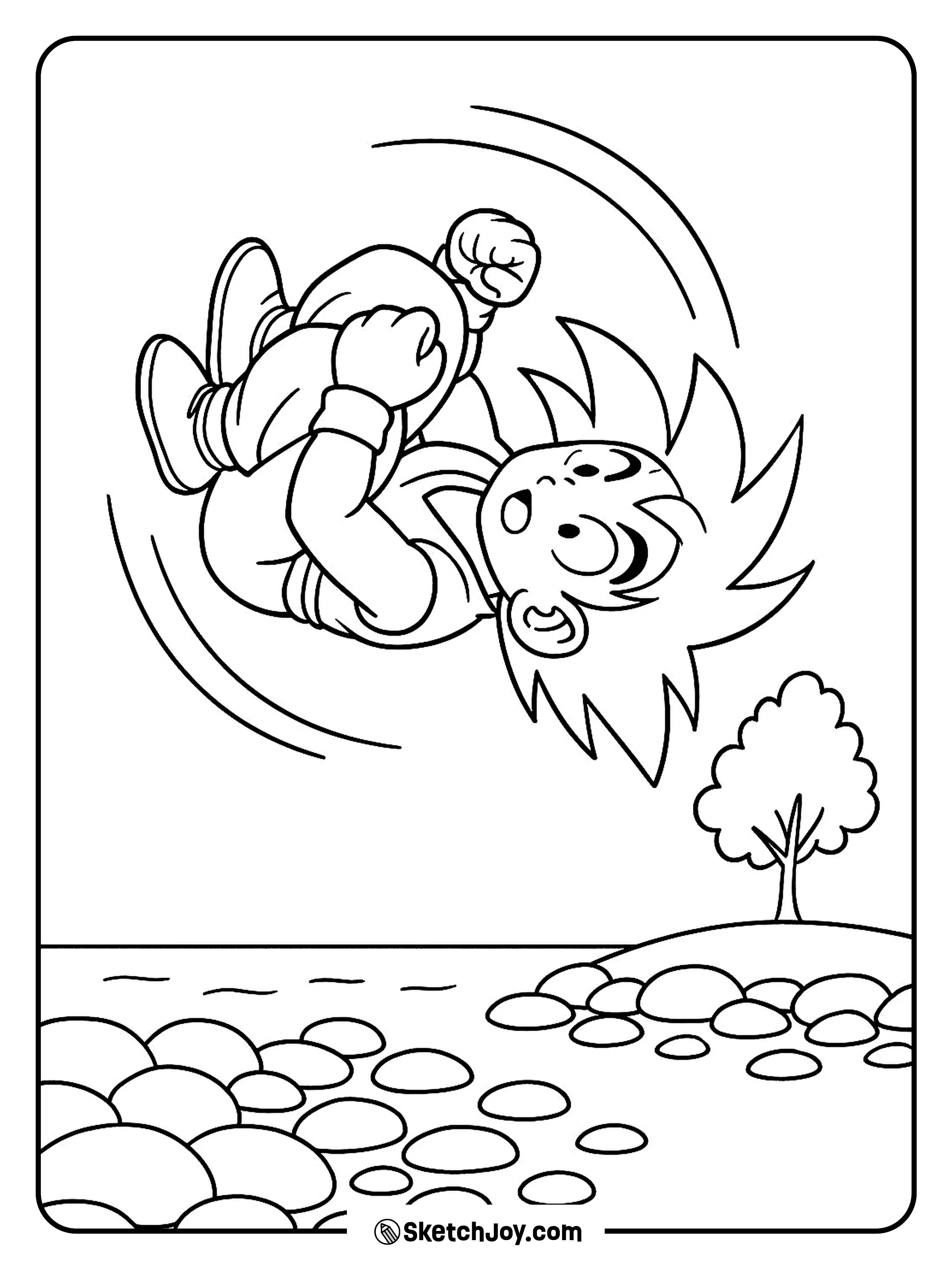 Goku flips over stones across a river.
