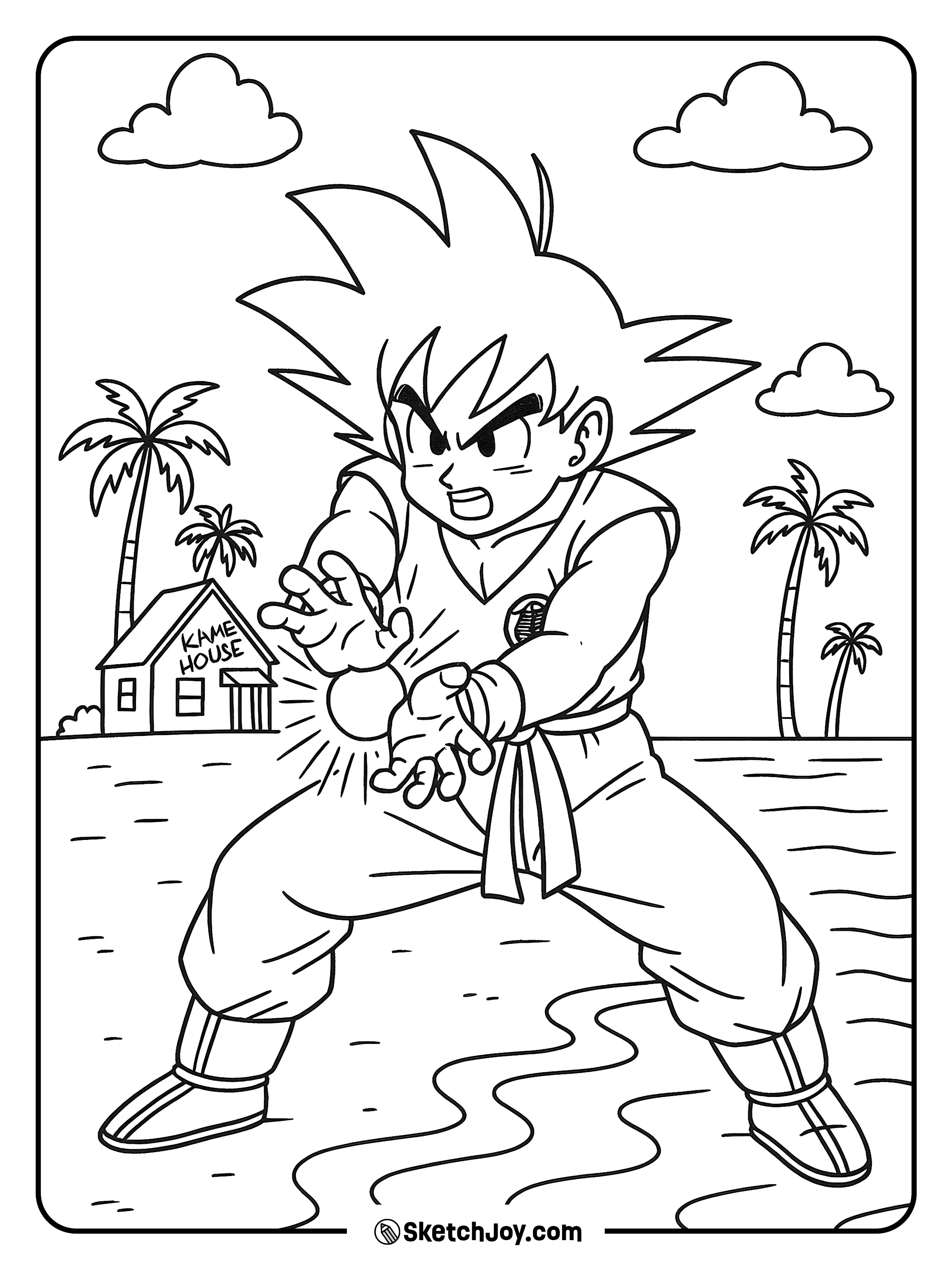 Goku powers up by the sea with calm waves and a soft sky.