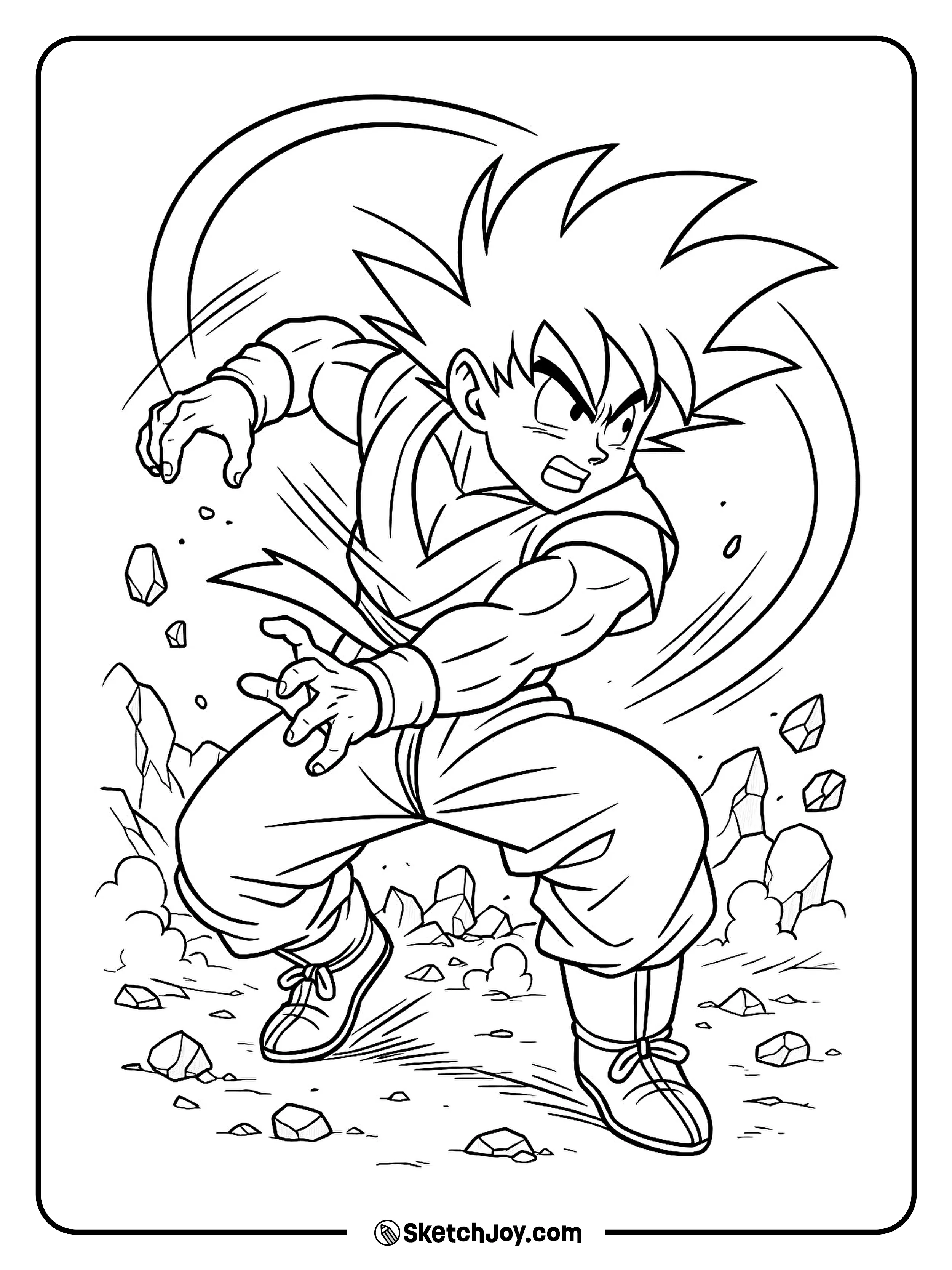 Goku tilts his body to avoid two wild arcs in a rocky area.