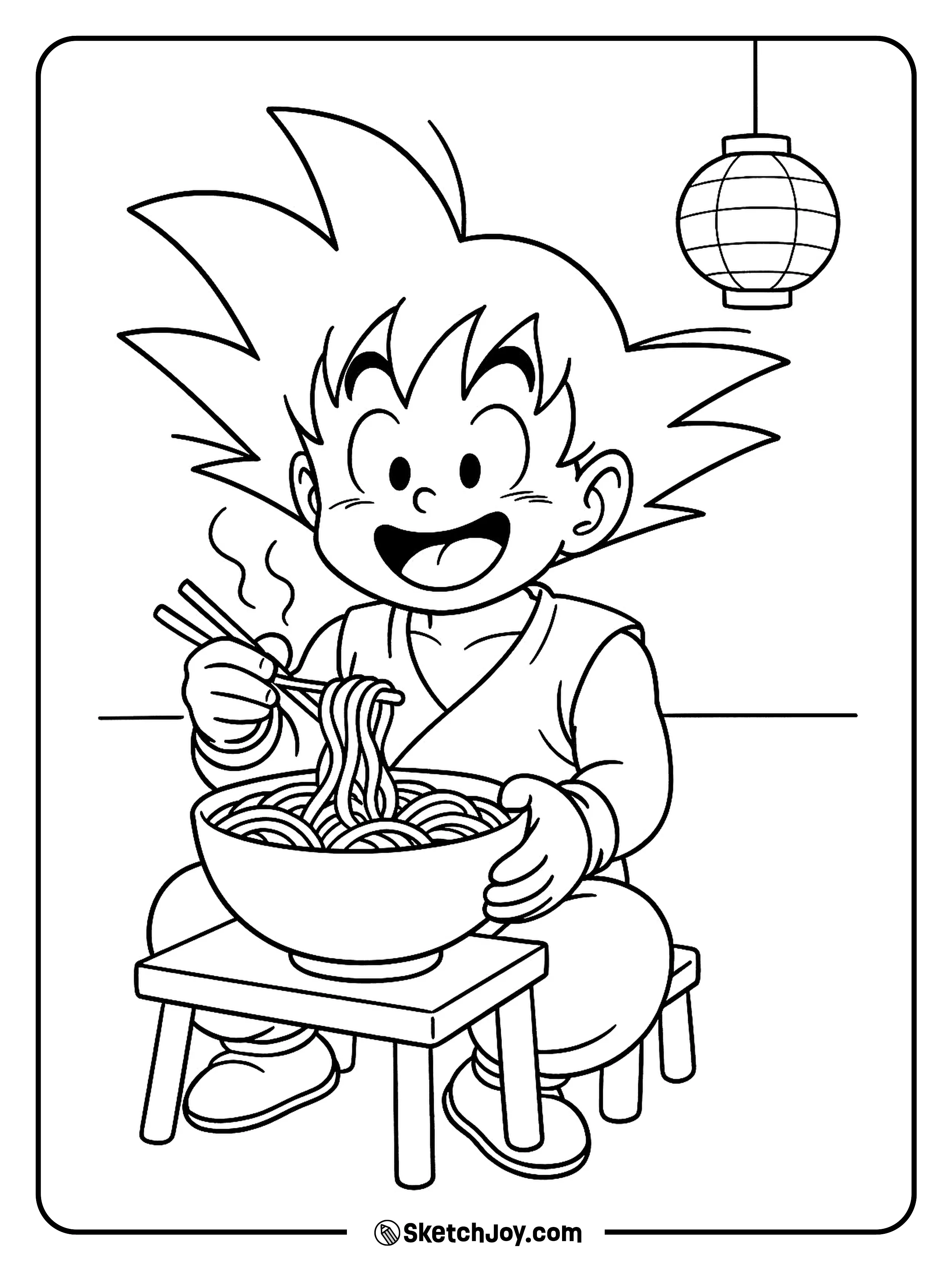 Goku laughs while eating a tall stack of noodles at a small table.