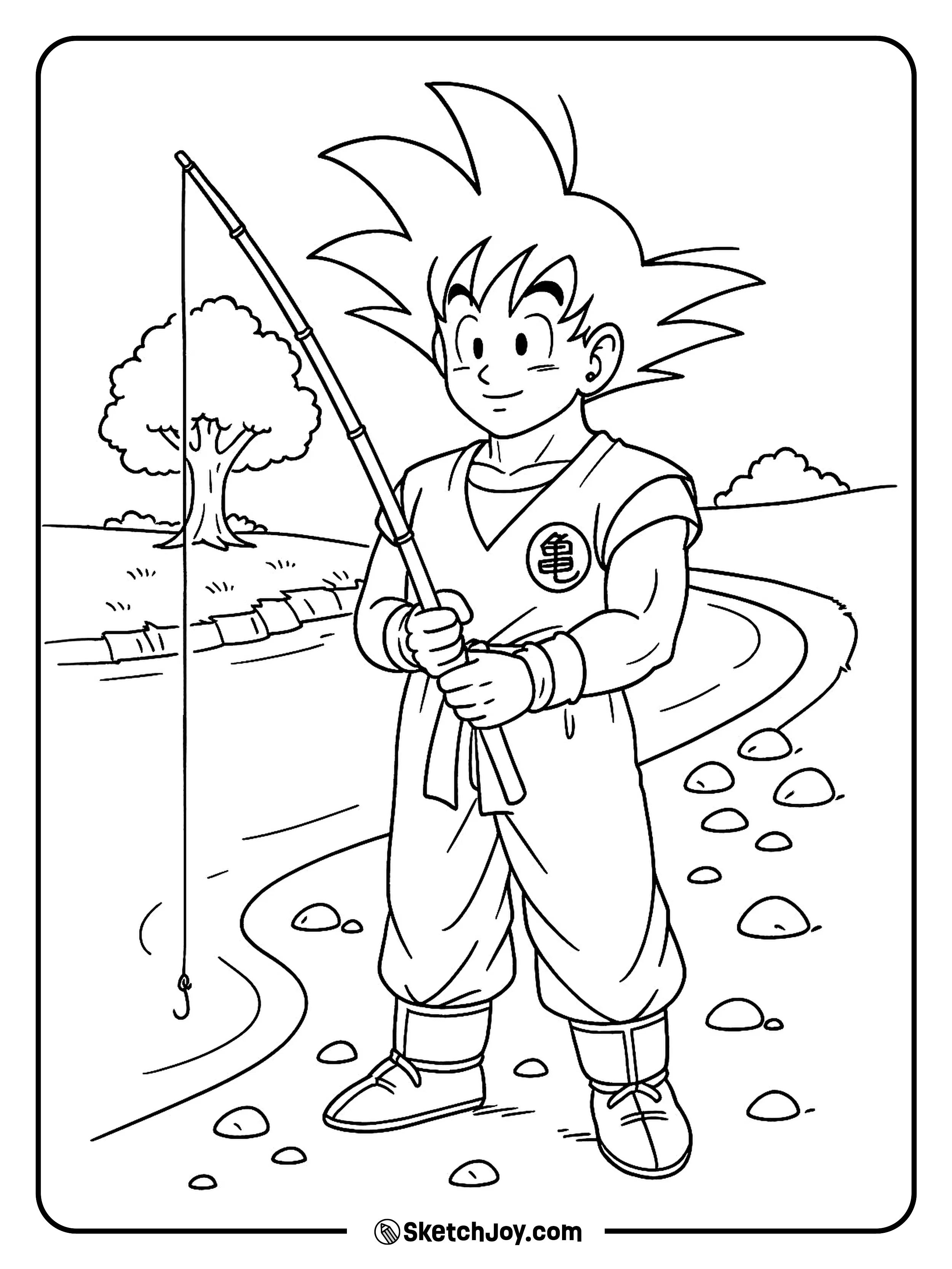 Goku holds a fishing rod and grins by a quiet river.